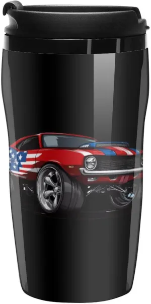 Muscle Car with Am-erican Flag Coffee Mug with Lid Portable Tumbler Water Bottle for Travel Business 250ml