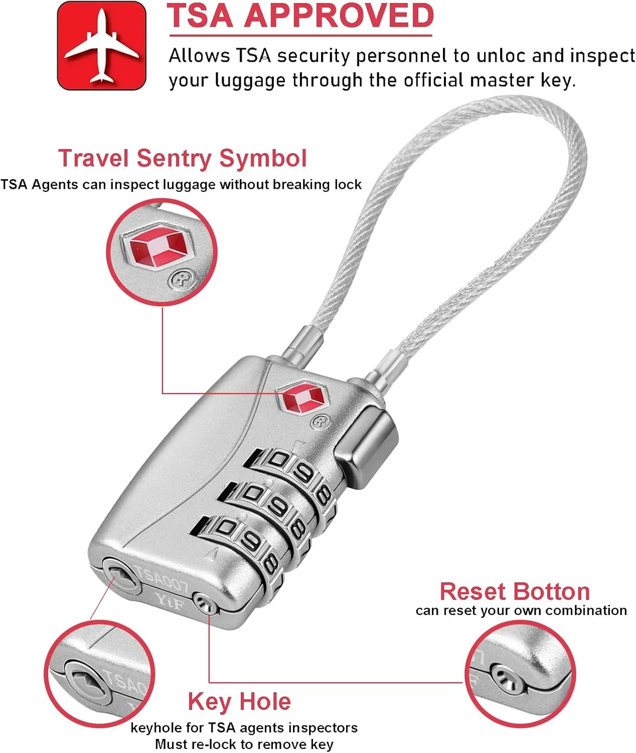 NAGE Luggage Locks TSA Approved, Small Padlock for Luggage, 3 Dial Combo TSA Locks Resettable, 5.5in Flexible TSA Cable Gun Locks, Anti Theft Backpack Lock, Suitcase Lock (2 Pack, Silver)