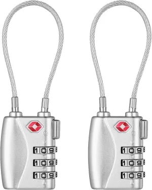 NAGE Luggage Locks TSA Approved, Small Padlock for Luggage, 3 Dial Combo TSA Locks Resettable, 5.5in Flexible TSA Cable Gun Locks, Anti Theft Backpack Lock, Suitcase Lock (2 Pack, Silver)