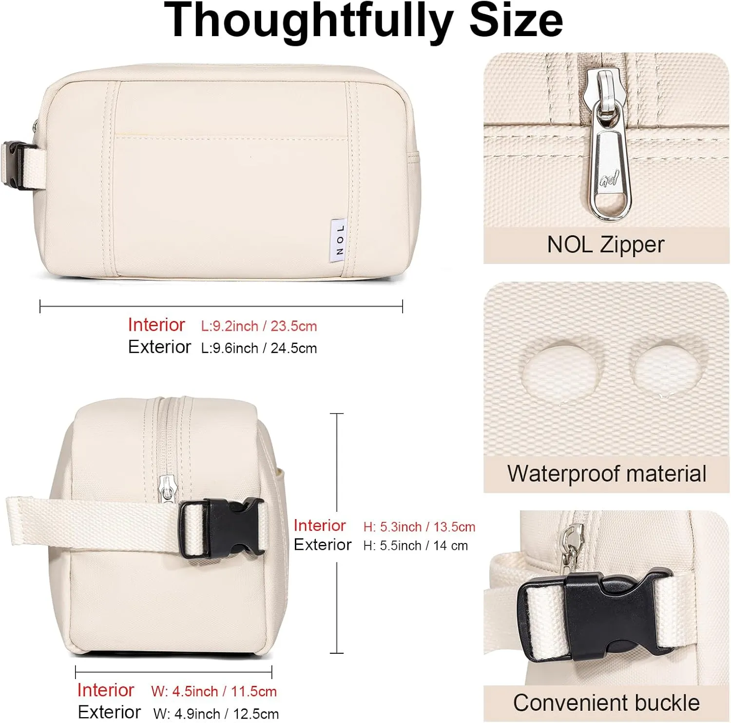 NOL Natural Organic Lifestyle Nylon Waterproof Makeup Bag Lightweight Travel Toiletry Bag for Adults, Reusable, Zip Closure with Buckle Handle, Snack Bag, Travel Cosmetic Bag, Cream