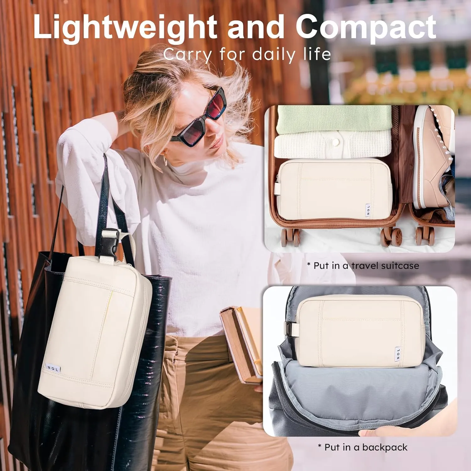NOL Natural Organic Lifestyle Nylon Waterproof Makeup Bag Lightweight Travel Toiletry Bag for Adults, Reusable, Zip Closure with Buckle Handle, Snack Bag, Travel Cosmetic Bag, Cream