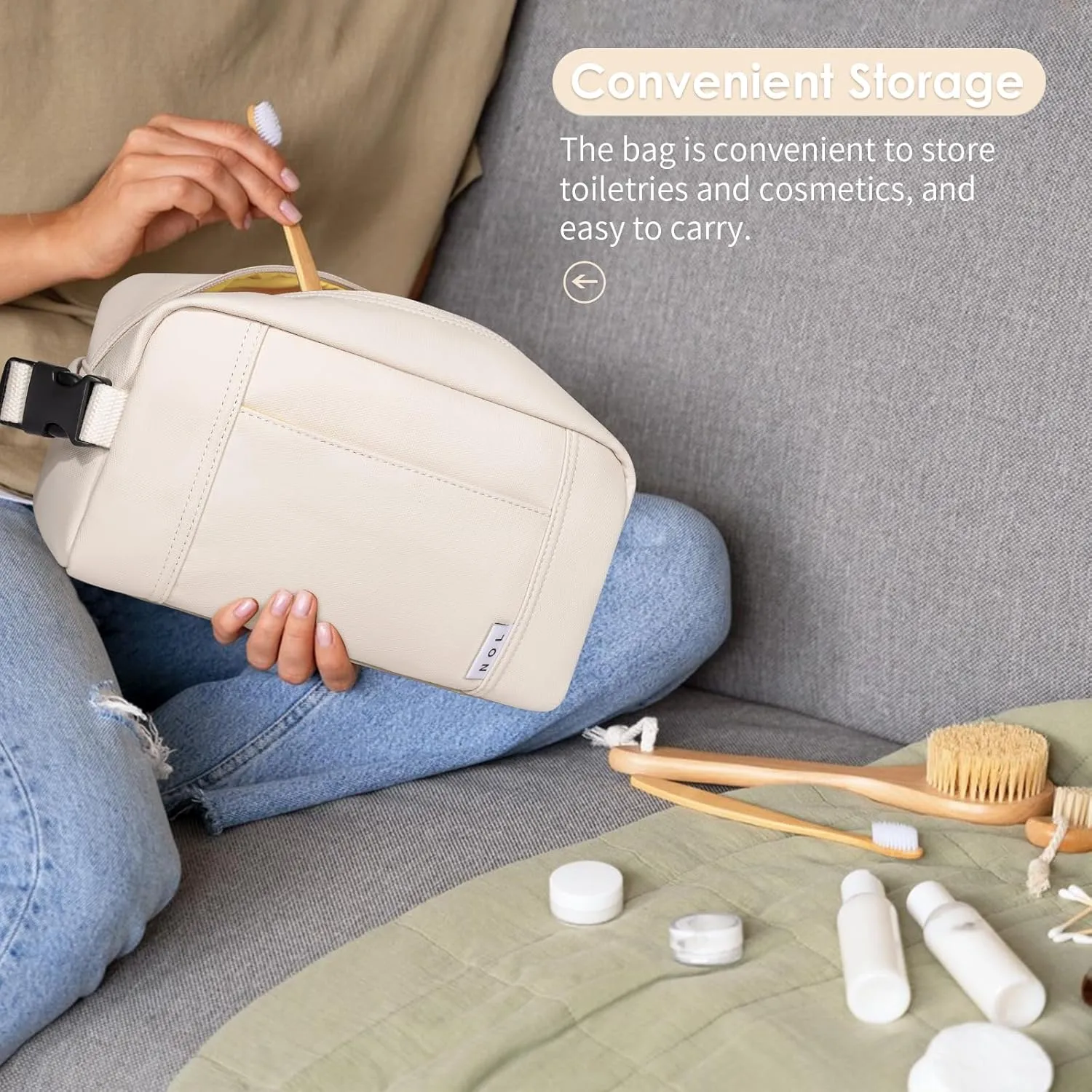 NOL Natural Organic Lifestyle Nylon Waterproof Makeup Bag Lightweight Travel Toiletry Bag for Adults, Reusable, Zip Closure with Buckle Handle, Snack Bag, Travel Cosmetic Bag, Cream