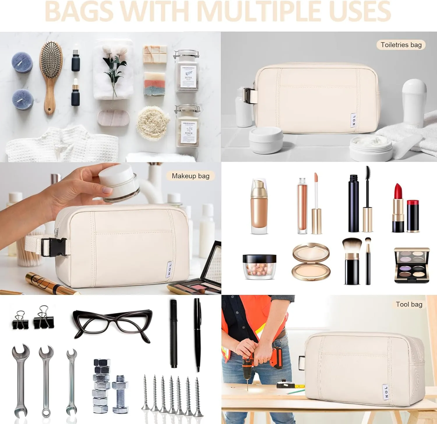 NOL Natural Organic Lifestyle Nylon Waterproof Makeup Bag Lightweight Travel Toiletry Bag for Adults, Reusable, Zip Closure with Buckle Handle, Snack Bag, Travel Cosmetic Bag, Cream