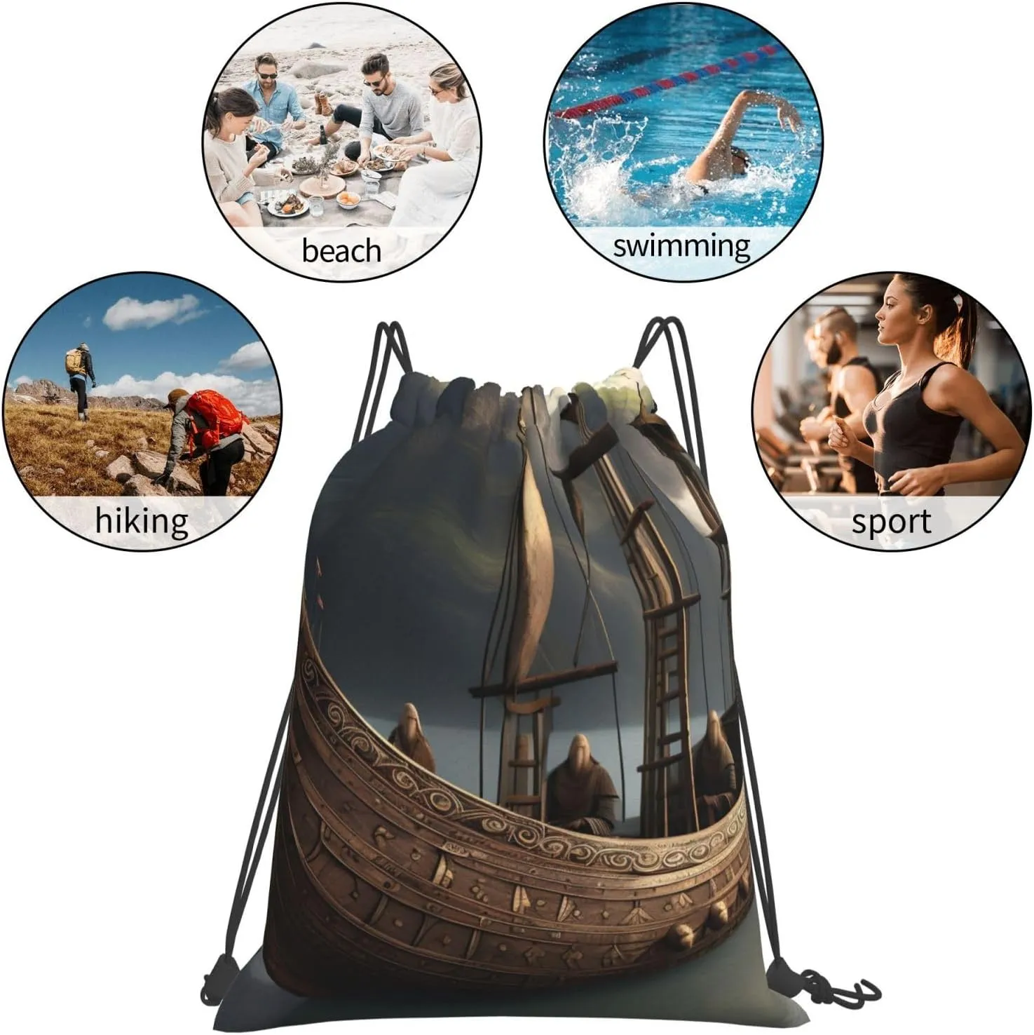 Nordic Pirate Ship Unisex Simple Leisure Drawstring Bag,Gym Drawstring Bags,Outdoor Portable Backpack Storage Bags