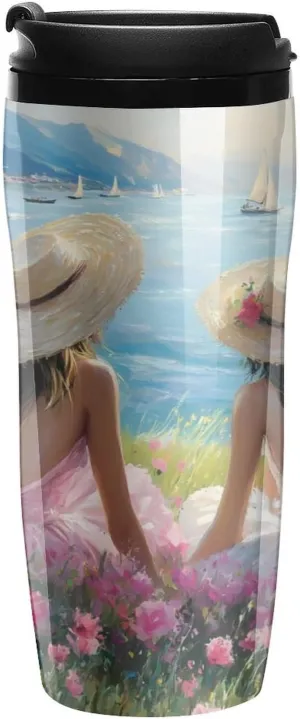Ocean Flower Sailboat Mountai Coffee Mug with Lid Portable Tumbler Water Bottle for Travel Business 350ml