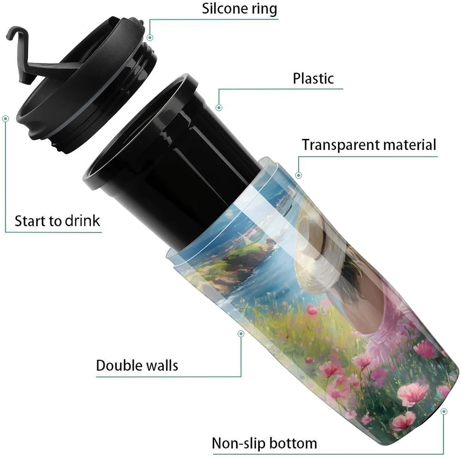 Ocean Flower Sailboat Mountai Coffee Mug with Lid Portable Tumbler Water Bottle for Travel Business 350ml