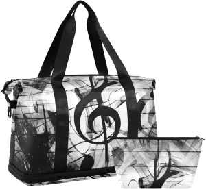 Oyihfvs Hearts and Music Notes and Music Clefs White Black Pattern Foldable Travel Bag, Camping Luggage bag, Portable Gym Bag, Sports Bag, Toiletry Bag with Handles Adjustable Shoulder Strap