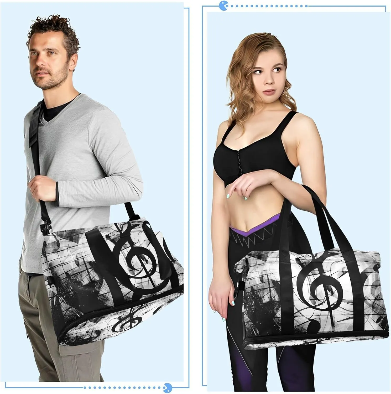 Oyihfvs Hearts and Music Notes and Music Clefs White Black Pattern Foldable Travel Bag, Camping Luggage bag, Portable Gym Bag, Sports Bag, Toiletry Bag with Handles Adjustable Shoulder Strap
