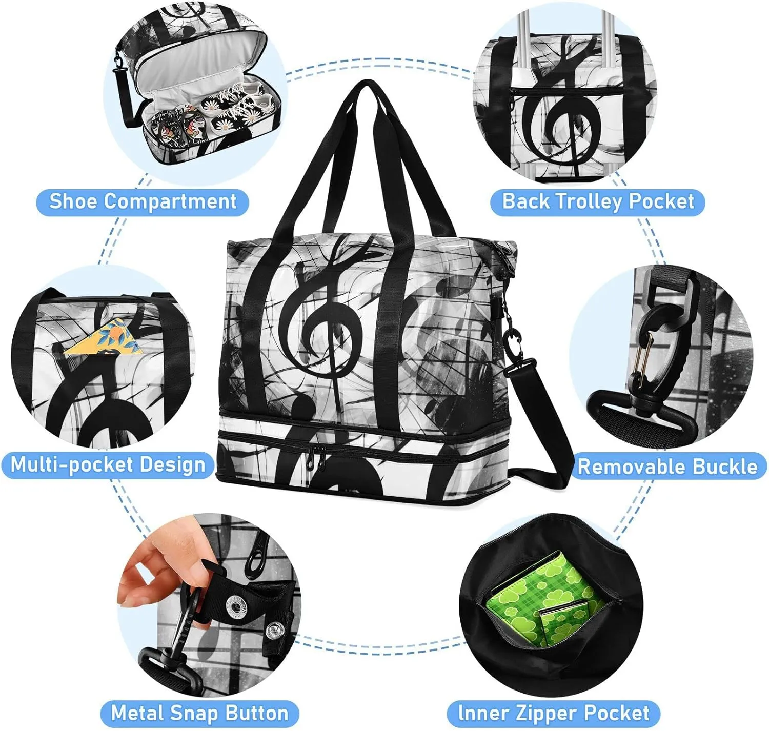 Oyihfvs Hearts and Music Notes and Music Clefs White Black Pattern Foldable Travel Bag, Camping Luggage bag, Portable Gym Bag, Sports Bag, Toiletry Bag with Handles Adjustable Shoulder Strap