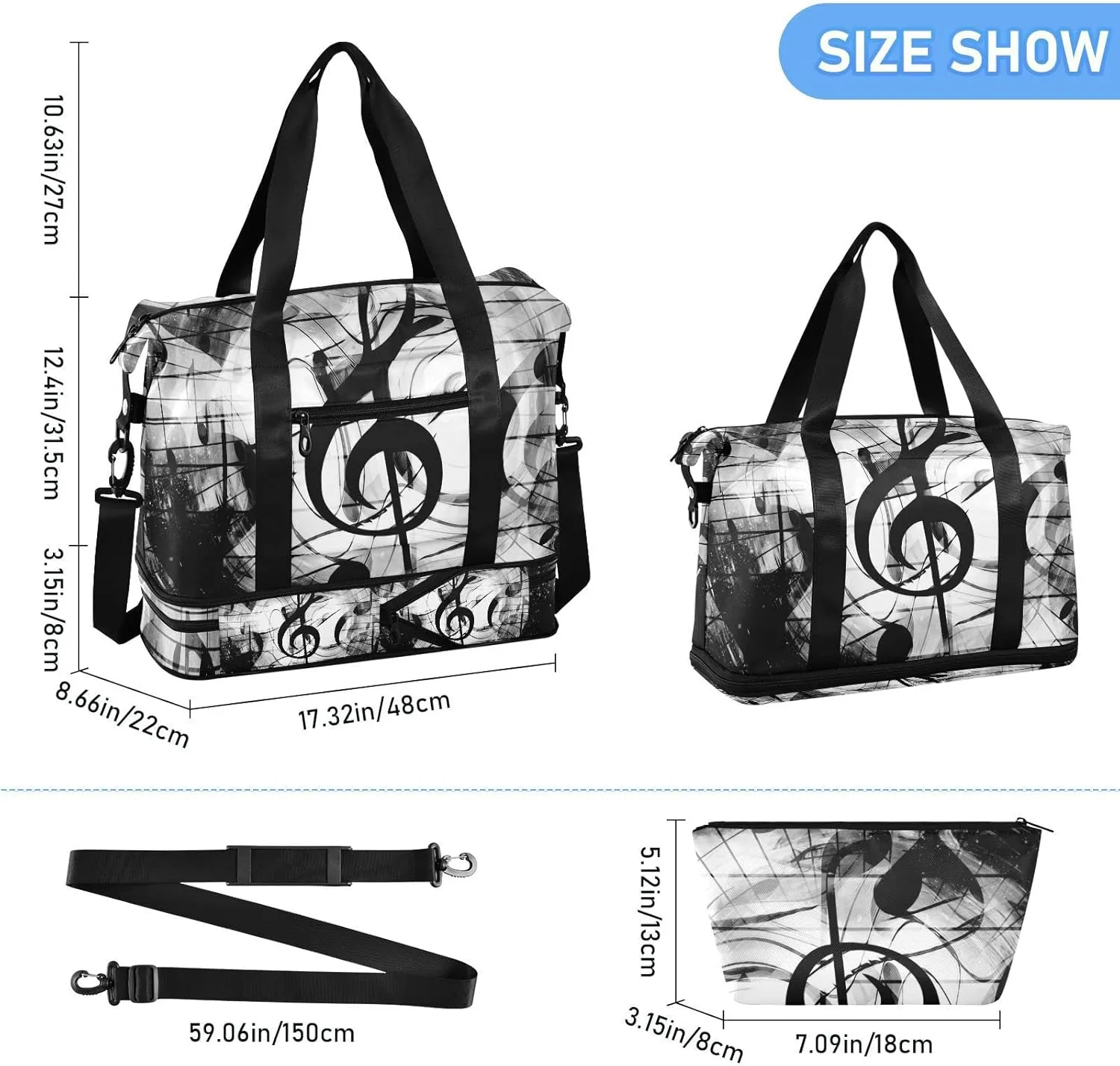 Oyihfvs Hearts and Music Notes and Music Clefs White Black Pattern Foldable Travel Bag, Camping Luggage bag, Portable Gym Bag, Sports Bag, Toiletry Bag with Handles Adjustable Shoulder Strap