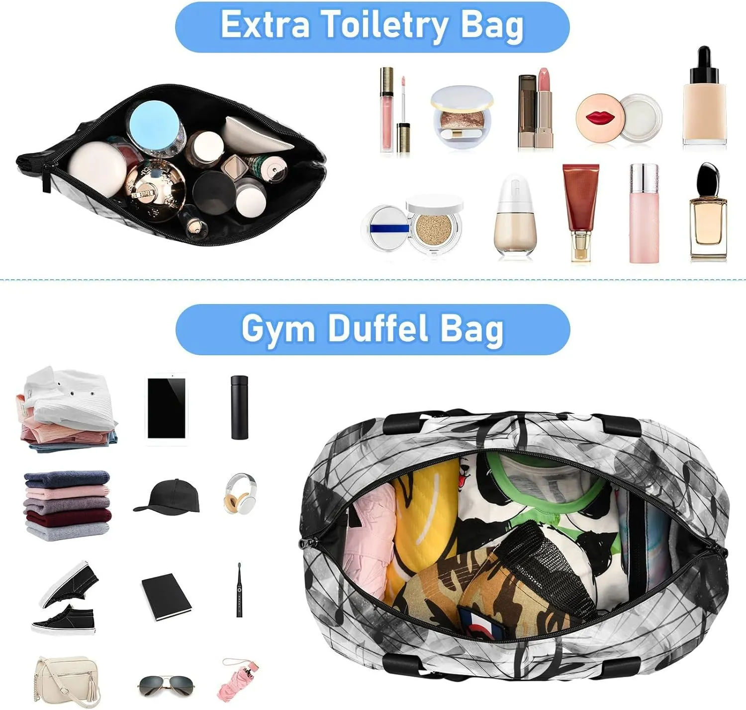 Oyihfvs Hearts and Music Notes and Music Clefs White Black Pattern Foldable Travel Bag, Camping Luggage bag, Portable Gym Bag, Sports Bag, Toiletry Bag with Handles Adjustable Shoulder Strap