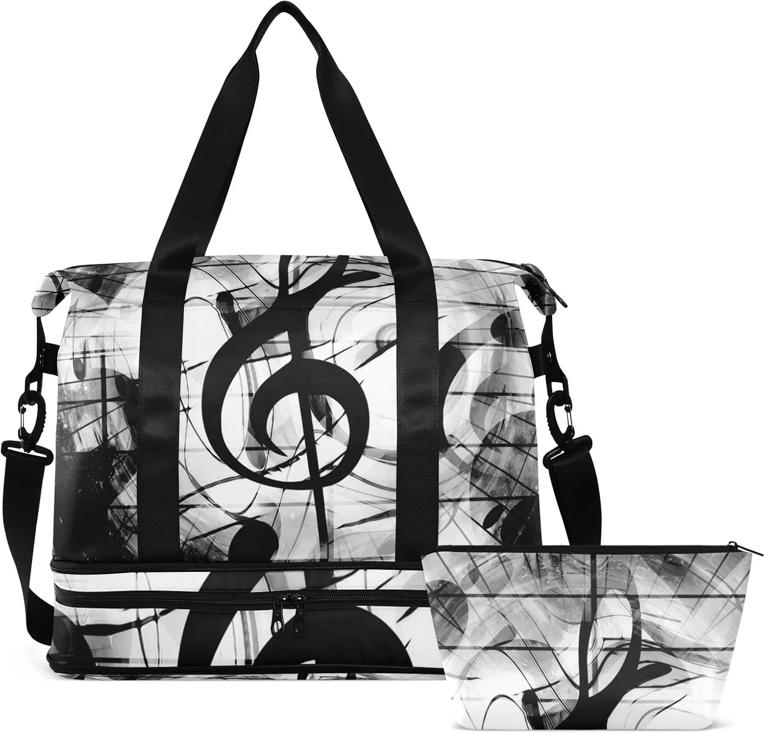 Oyihfvs Hearts and Music Notes and Music Clefs White Black Pattern Foldable Travel Bag, Camping Luggage bag, Portable Gym Bag, Sports Bag, Toiletry Bag with Handles Adjustable Shoulder Strap
