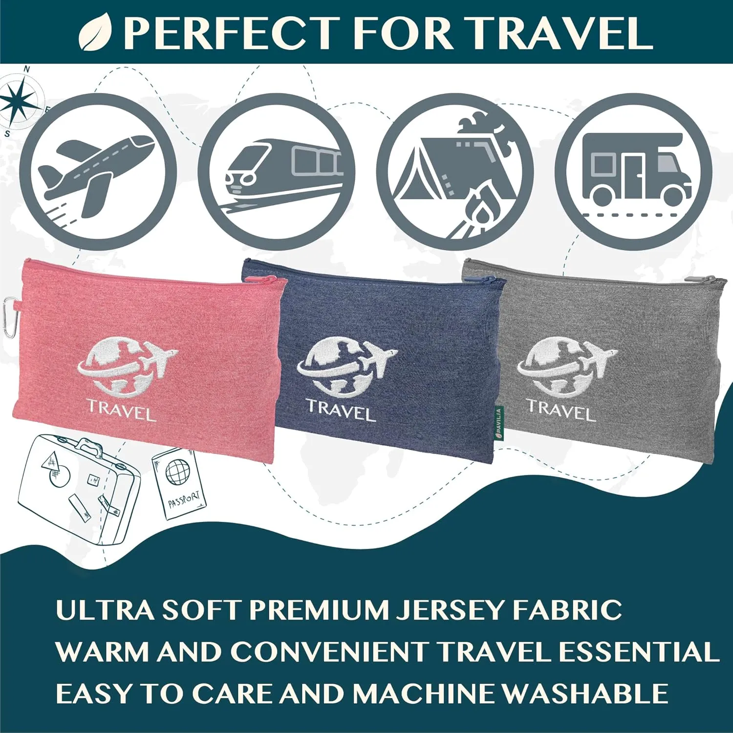 PAVILIA Travel Blanket Compact, Airplane Packable Bag, Soft Fleece Portable Throw Pillow Combo Set, Plane Flight Car Trips Essentials Gift Accessories, Luggage Backpack Clip, Navy Blue, 65 x 40 inch