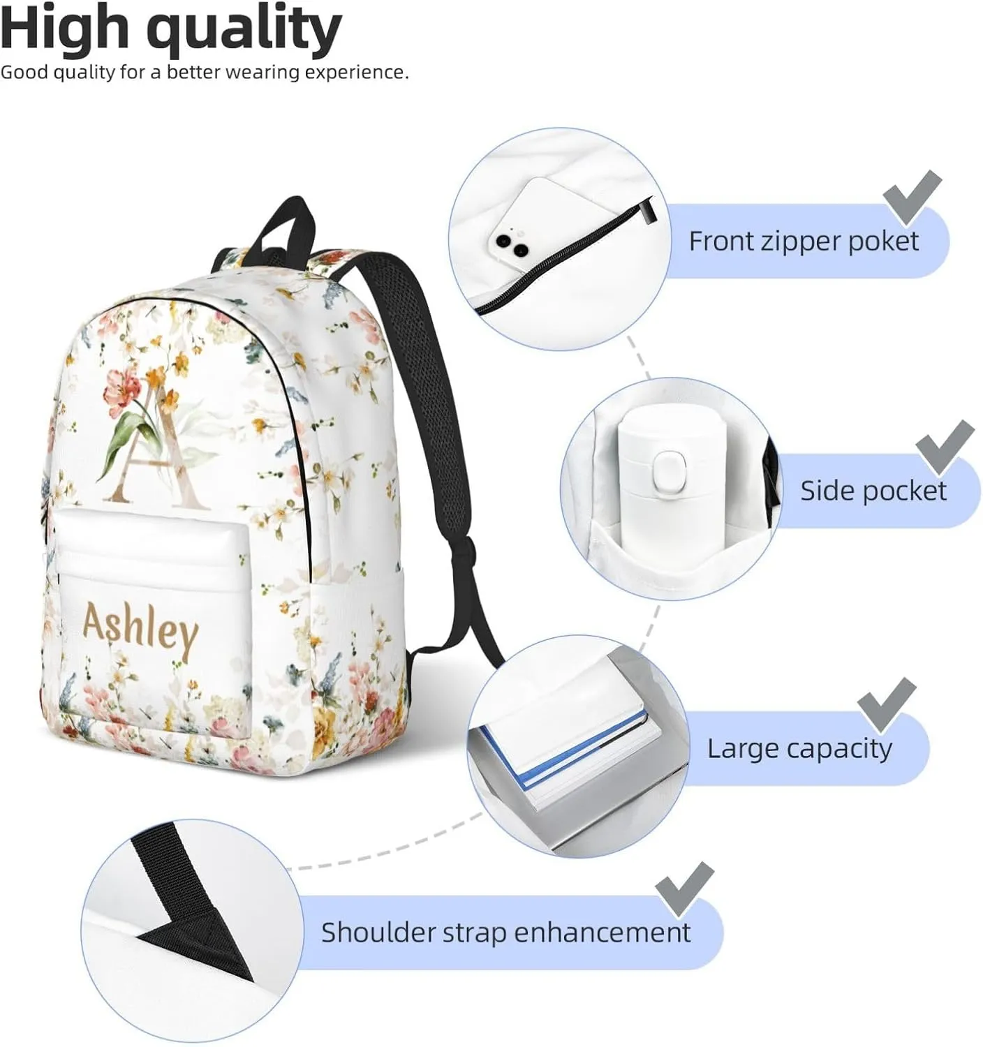 Personalized Backpack for Girls Boys, Custom Backpacks with Name, Customized Flowers School Bookbags for Kids, Personalized Casual Bookbags for Back to School Travel Picnic 15"