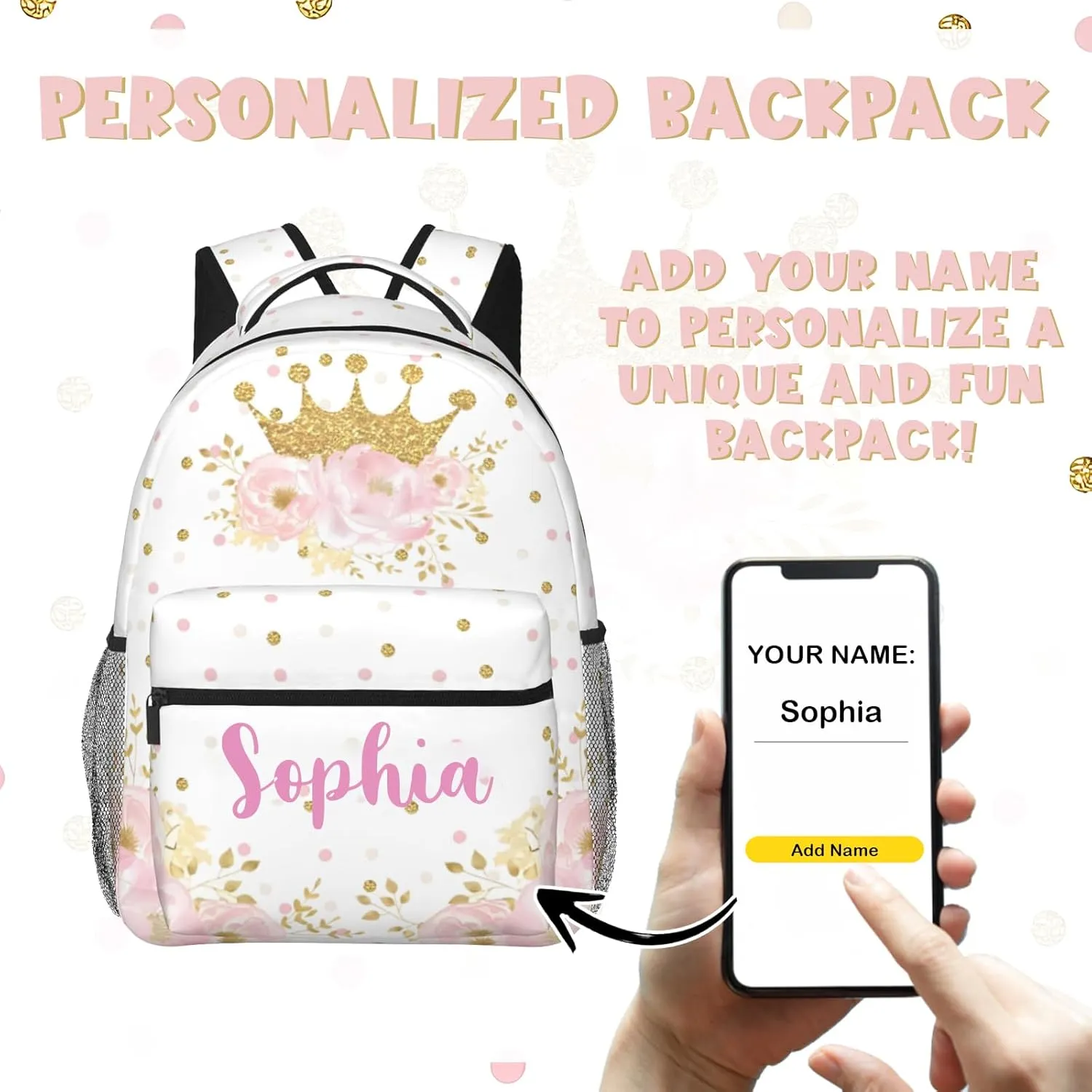 Personalized Backpack for Girls Boys, Custom Backpacks with Name for Kids, Customized Flowers School Bookbag for Back to School Travel Picnic 16in