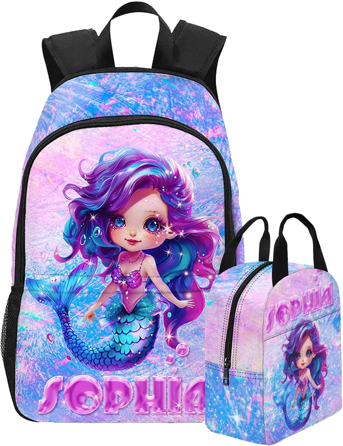Personalized Mermaid Backpack for Kids with Name Custom School Backpacks for Girls Customized School Bookbag with Lunch Box Bookbag for Daughter Fashion Unique Gift for Preschool Kindergarten