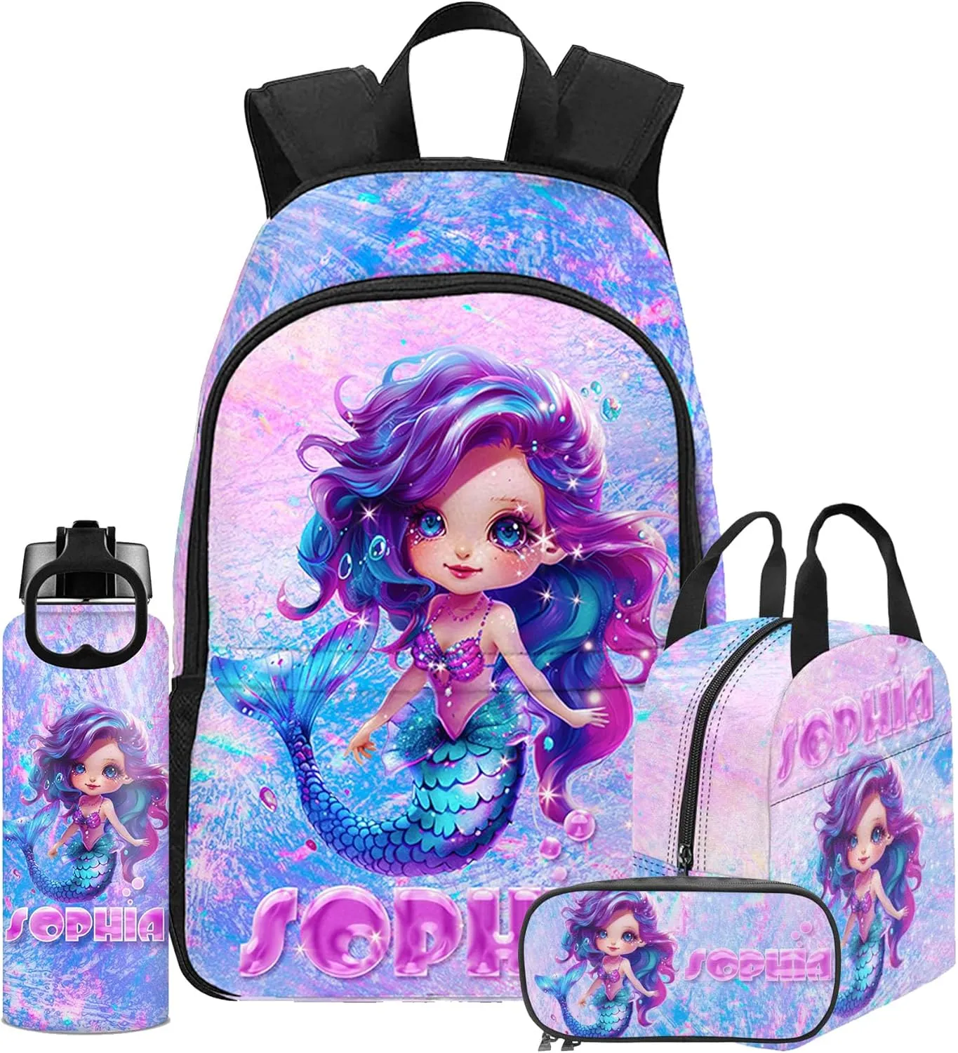 Personalized Mermaid Backpack for Kids with Name Custom School Backpacks for Girls Customized School Bookbag with Lunch Box Bookbag for Daughter Fashion Unique Gift for Preschool Kindergarten