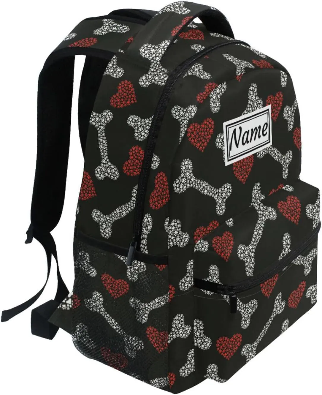 Pfrewn Custom Backpacks Personalized Bones and Hearts Footprints Cat Dog Bookbag with Name Boys Girls School Backpack 16"