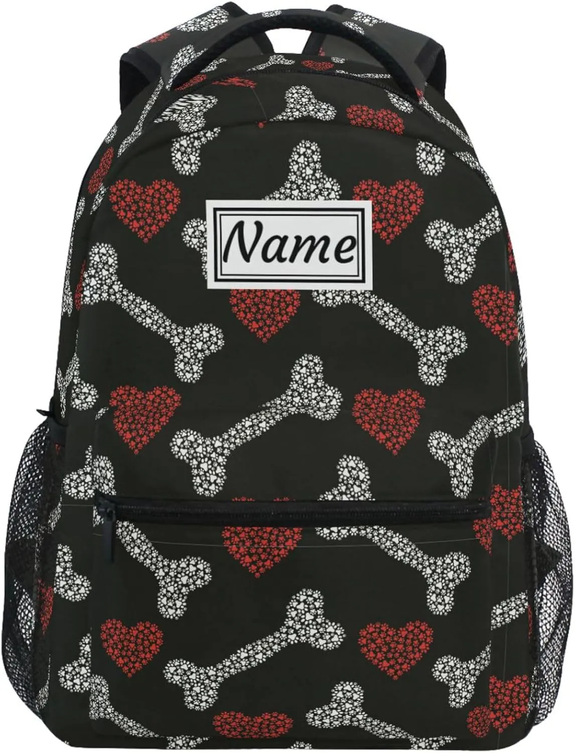 Pfrewn Custom Backpacks Personalized Bones and Hearts Footprints Cat Dog Bookbag with Name Boys Girls School Backpack 16"