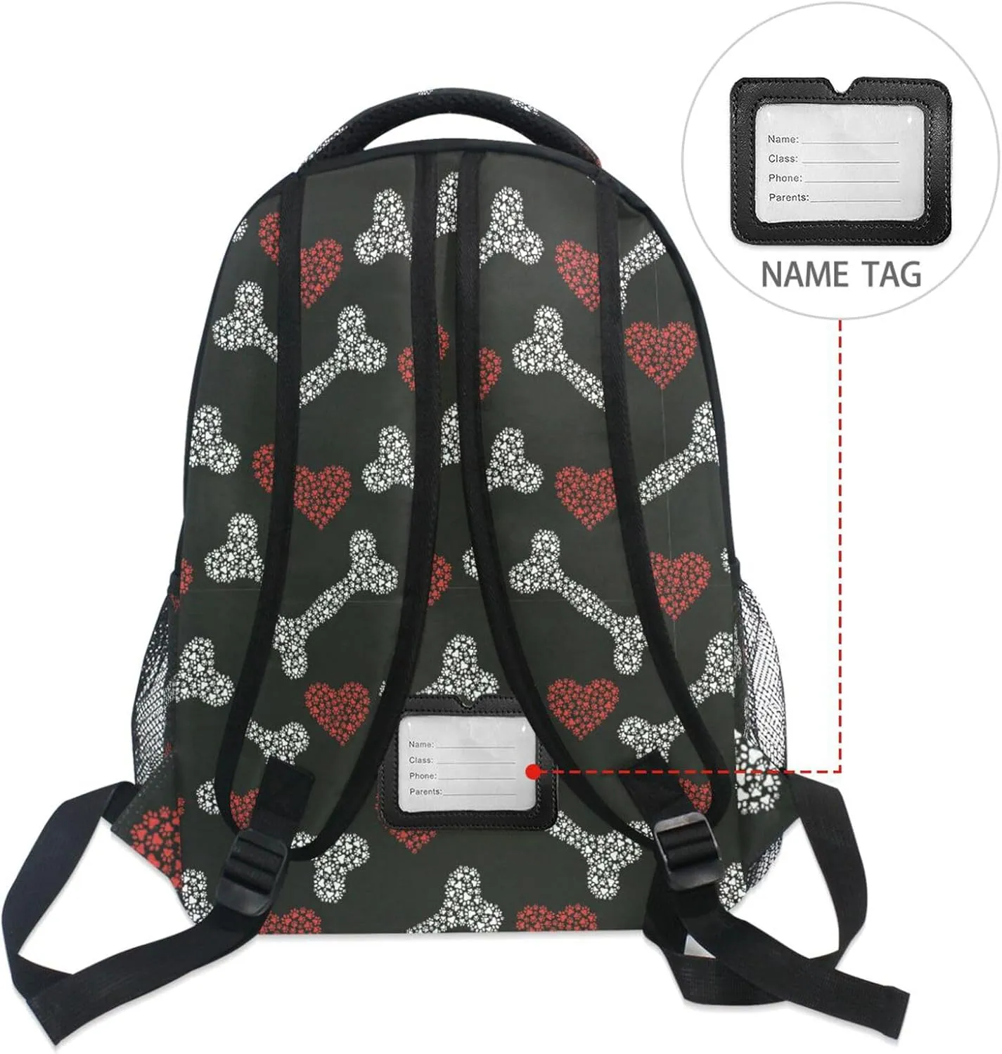 Pfrewn Custom Backpacks Personalized Bones and Hearts Footprints Cat Dog Bookbag with Name Boys Girls School Backpack 16"