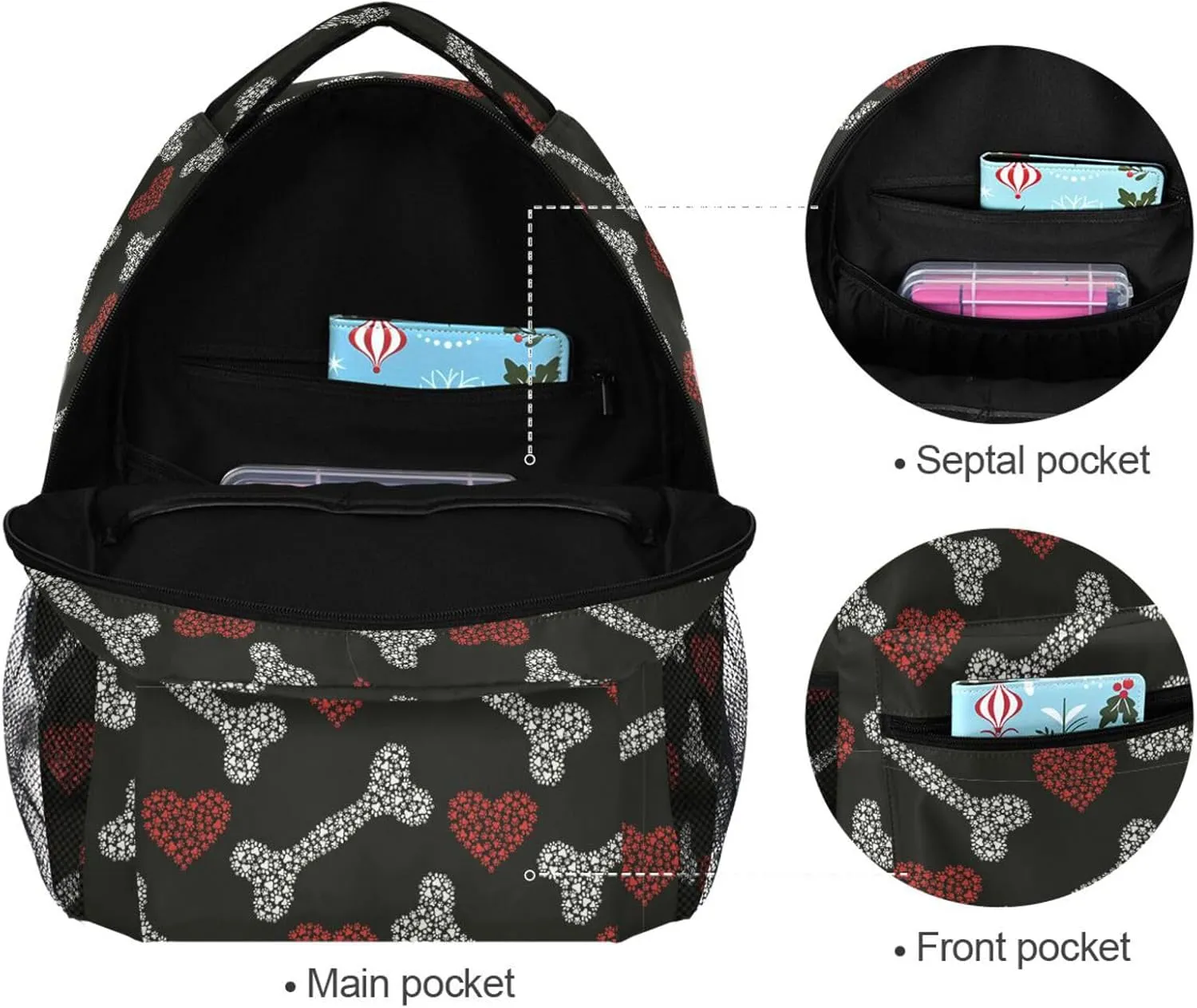 Pfrewn Custom Backpacks Personalized Bones and Hearts Footprints Cat Dog Bookbag with Name Boys Girls School Backpack 16"