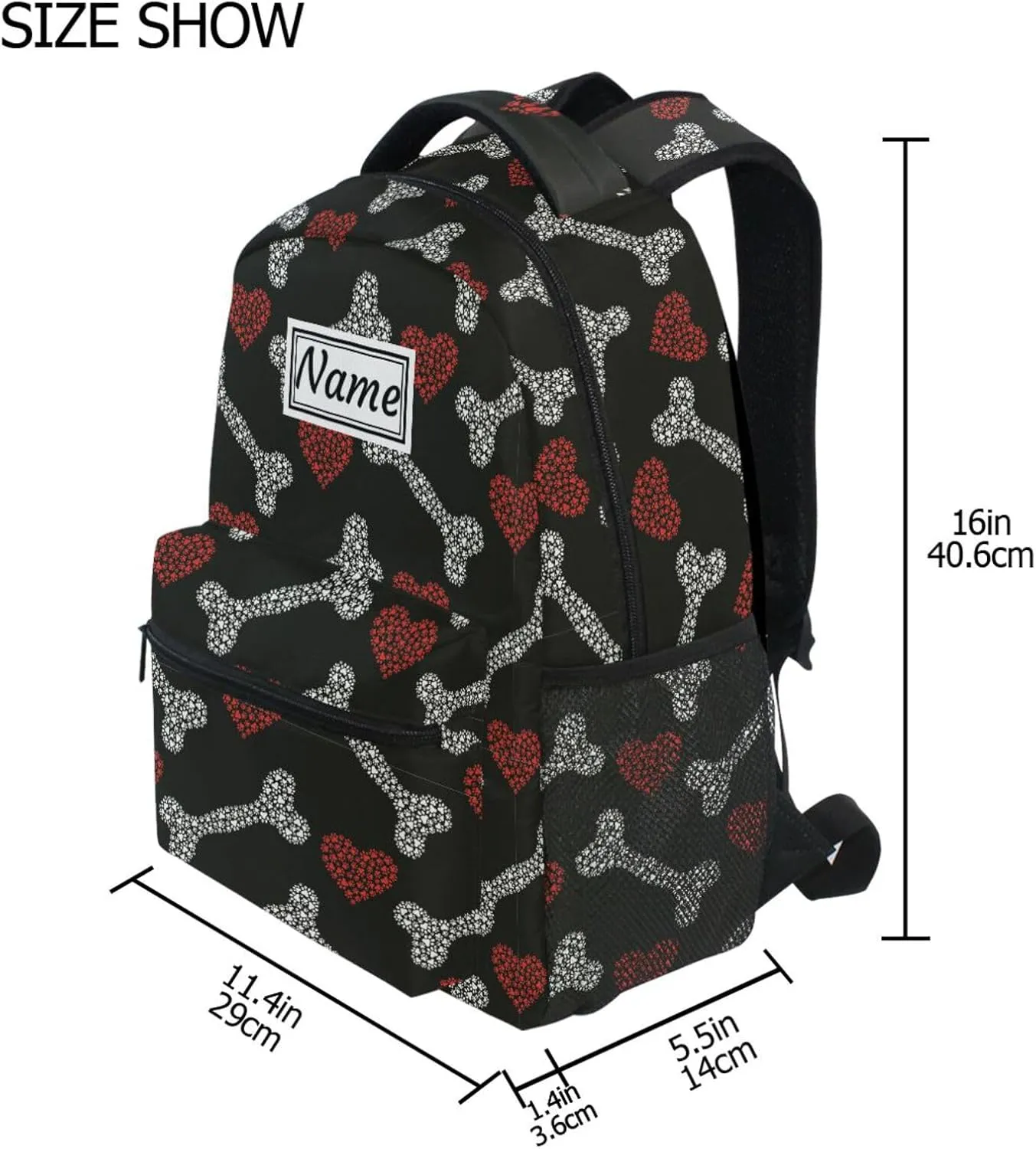 Pfrewn Custom Backpacks Personalized Bones and Hearts Footprints Cat Dog Bookbag with Name Boys Girls School Backpack 16"