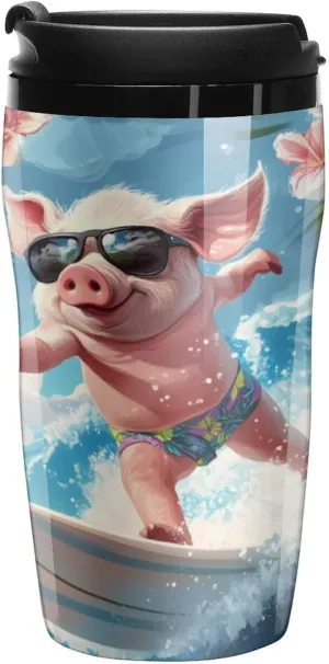 Pigs Surfing Coffee Mug with Lid Portable Tumbler Water Bottle for Travel Business 250ml
