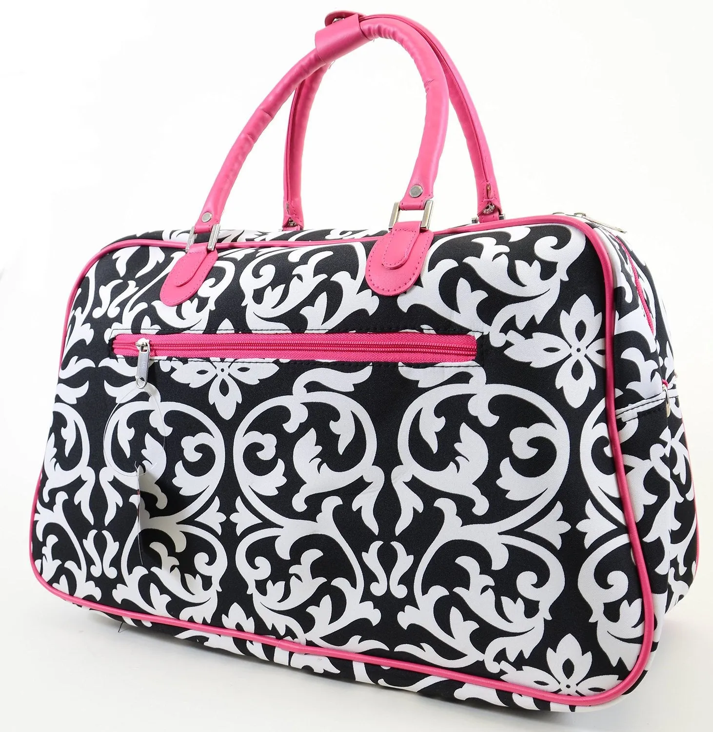 Pink Black Damask Vegan Leather Pink Trim Duffle Travel Luggage Bag