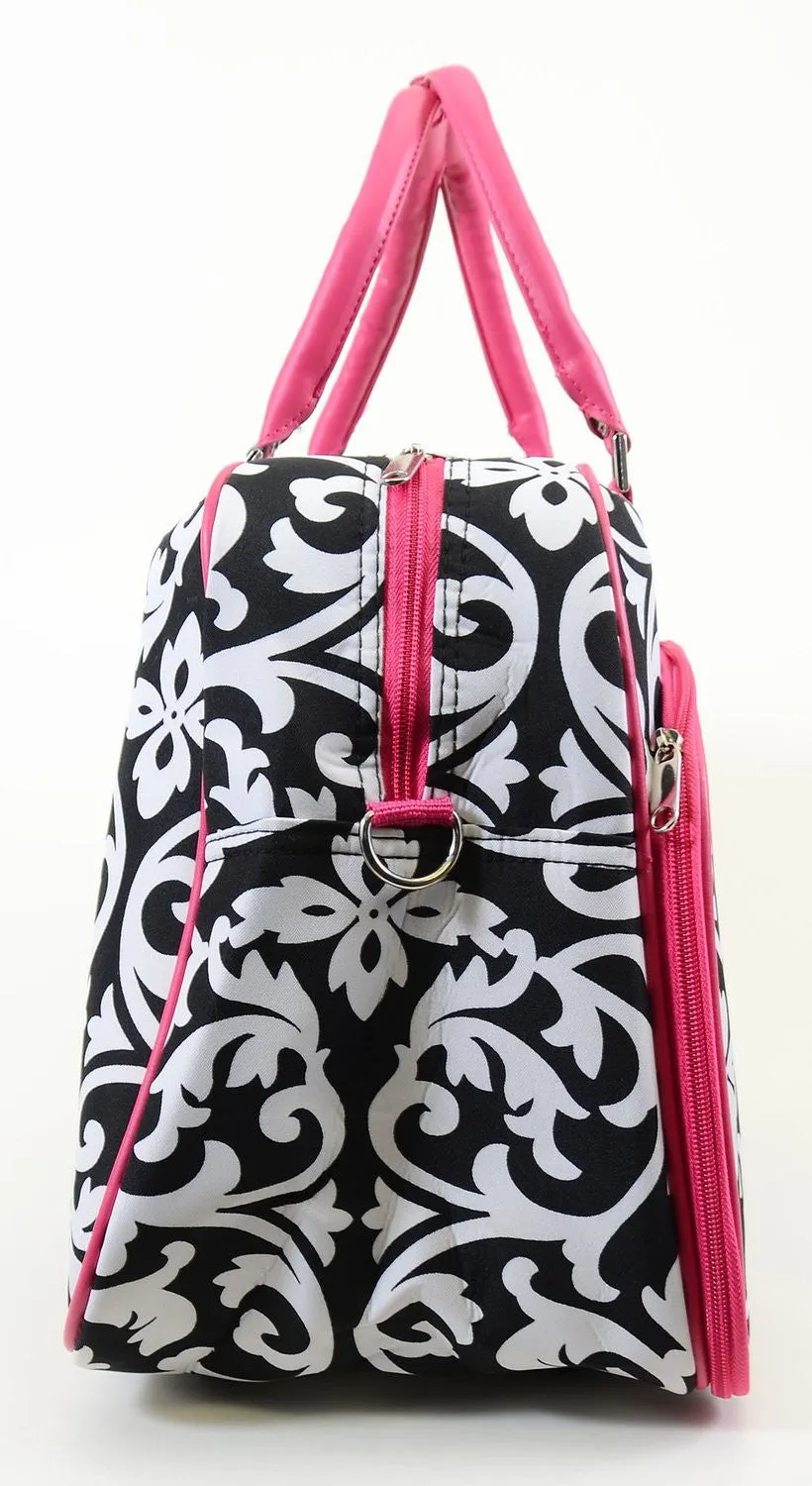 Pink Black Damask Vegan Leather Pink Trim Duffle Travel Luggage Bag
