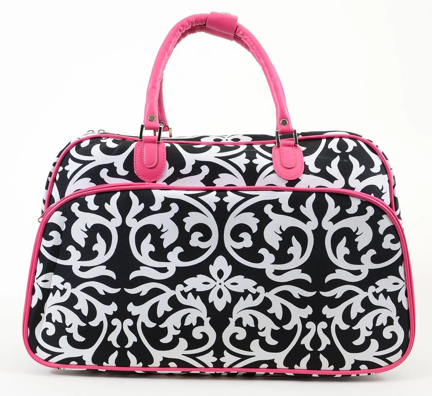 Pink Black Damask Vegan Leather Pink Trim Duffle Travel Luggage Bag