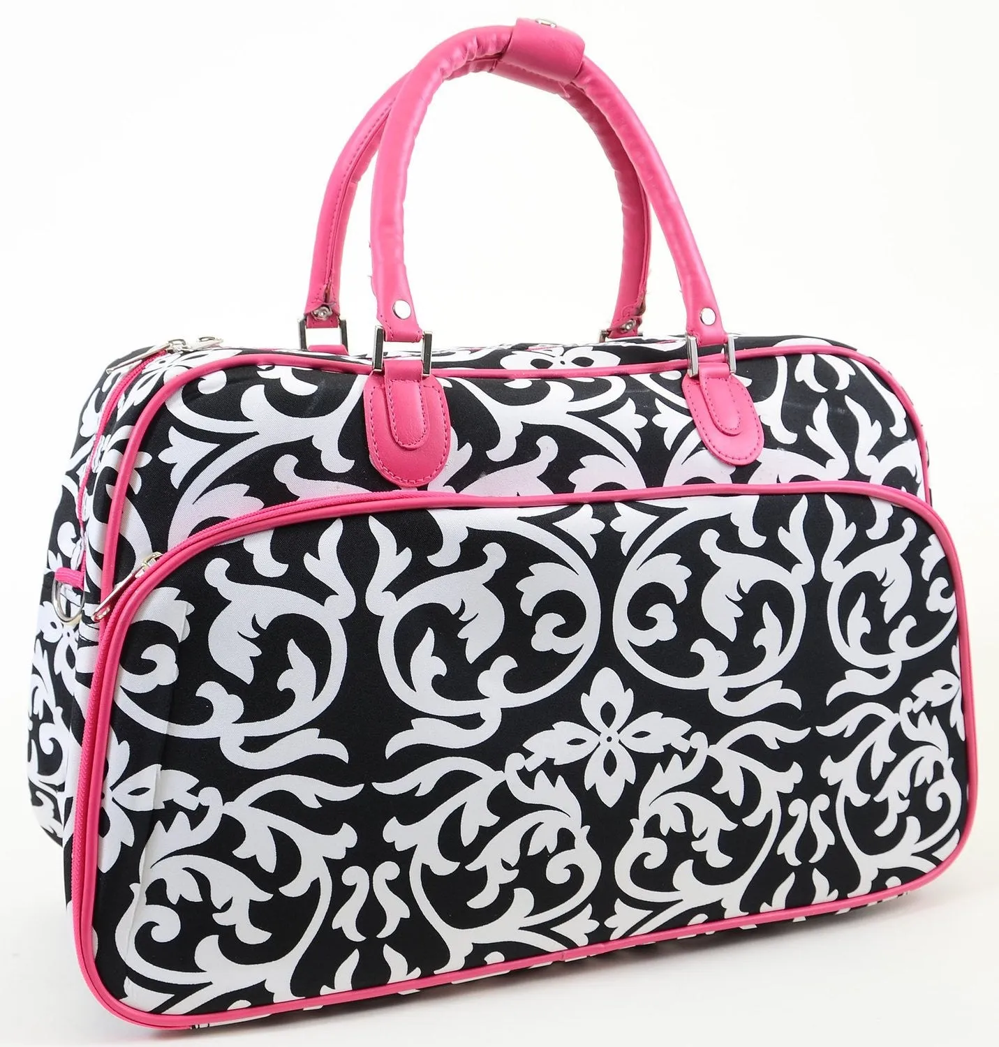 Pink Black Damask Vegan Leather Pink Trim Duffle Travel Luggage Bag