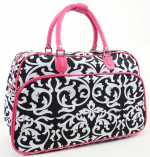 Pink Black Damask Vegan Leather Pink Trim Duffle Travel Luggage Bag