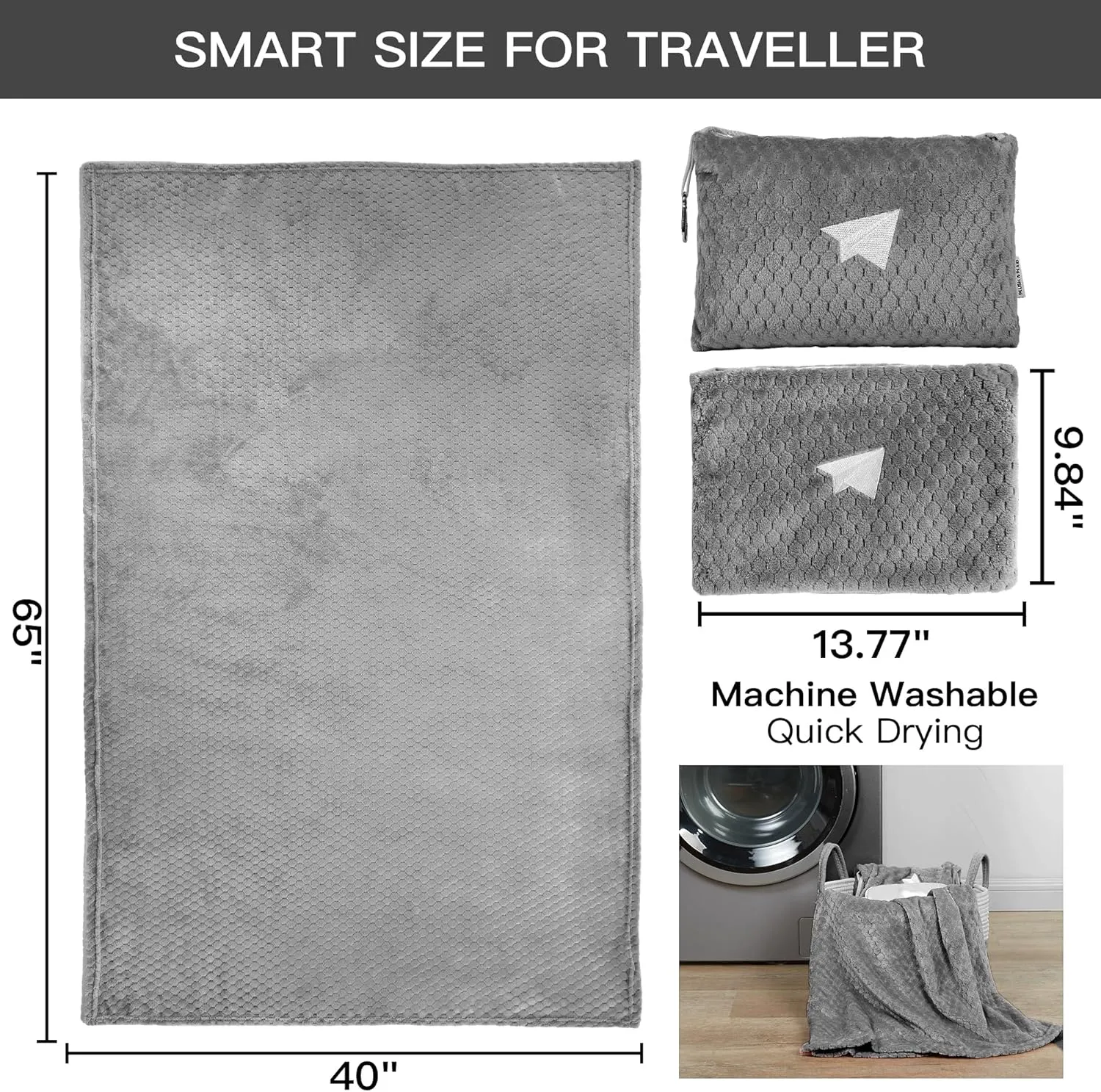 Plush & Plaid Travel Blanket Airplane Compact with Bag, Mid-Weight Soft Throw Blanket Pillow for Long/Short Flight, Portable Packable with Luggage Sleeve and Backpack Clip, 40x65, Gray