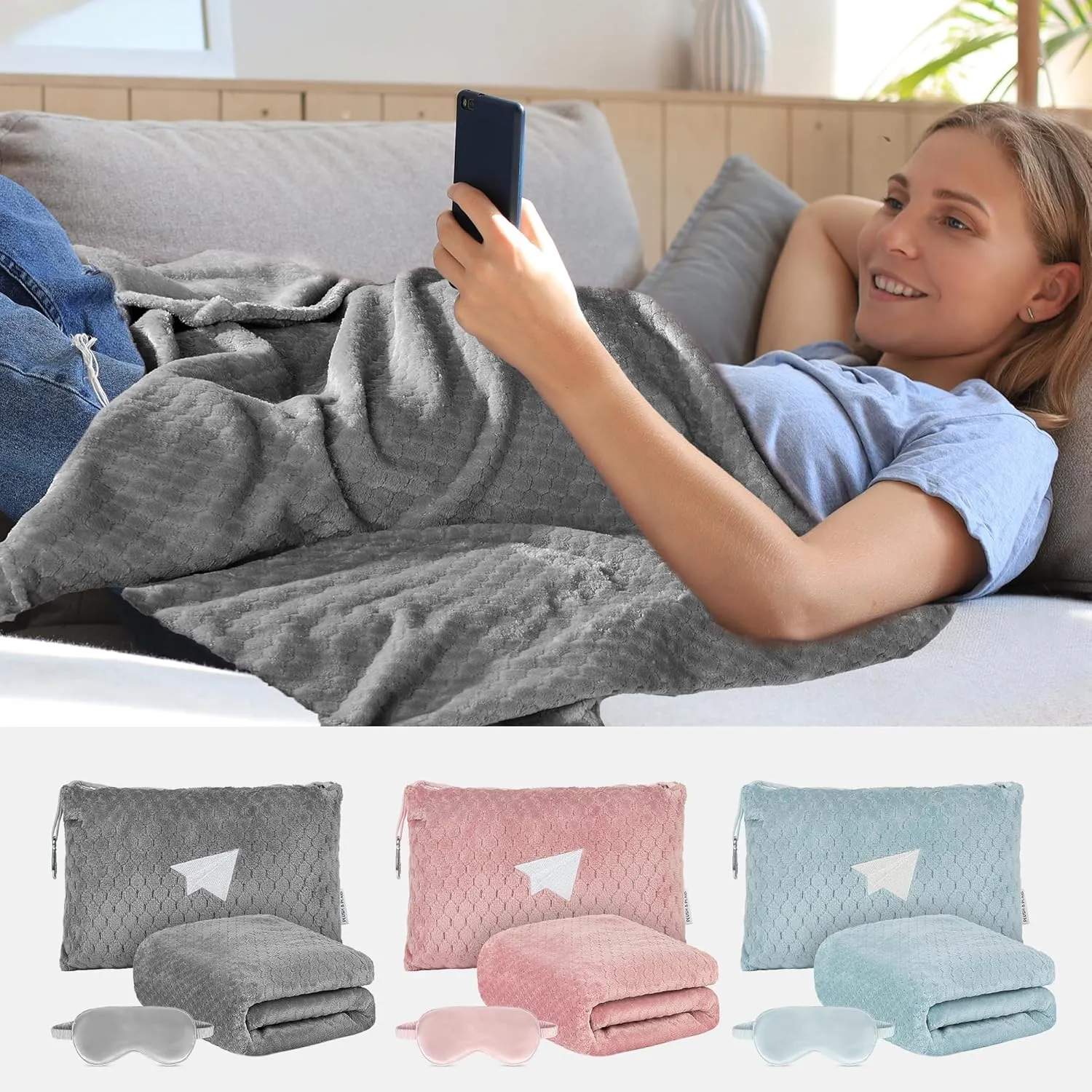 Plush & Plaid Travel Blanket Airplane Compact with Bag, Mid-Weight Soft Throw Blanket Pillow for Long/Short Flight, Portable Packable with Luggage Sleeve and Backpack Clip, 40x65, Gray