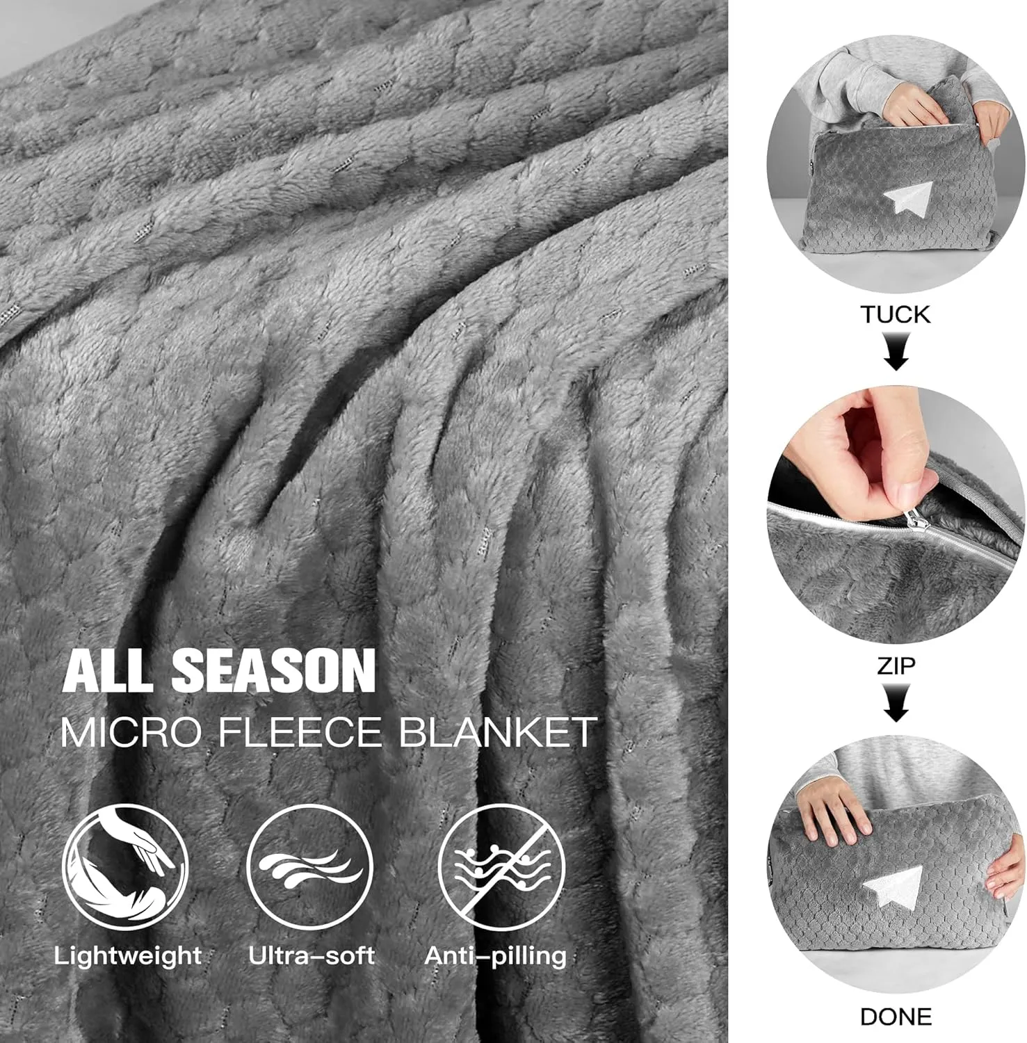 Plush & Plaid Travel Blanket Airplane Compact with Bag, Mid-Weight Soft Throw Blanket Pillow for Long/Short Flight, Portable Packable with Luggage Sleeve and Backpack Clip, 40x65, Gray