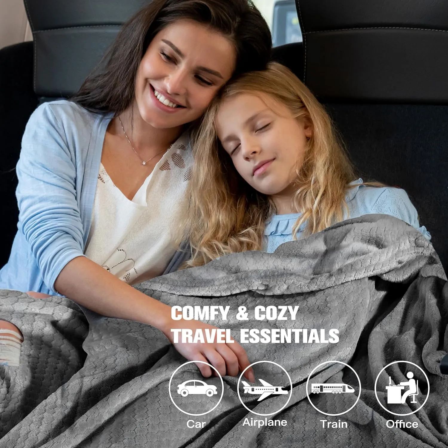 Plush & Plaid Travel Blanket Airplane Compact with Bag, Mid-Weight Soft Throw Blanket Pillow for Long/Short Flight, Portable Packable with Luggage Sleeve and Backpack Clip, 40x65, Gray