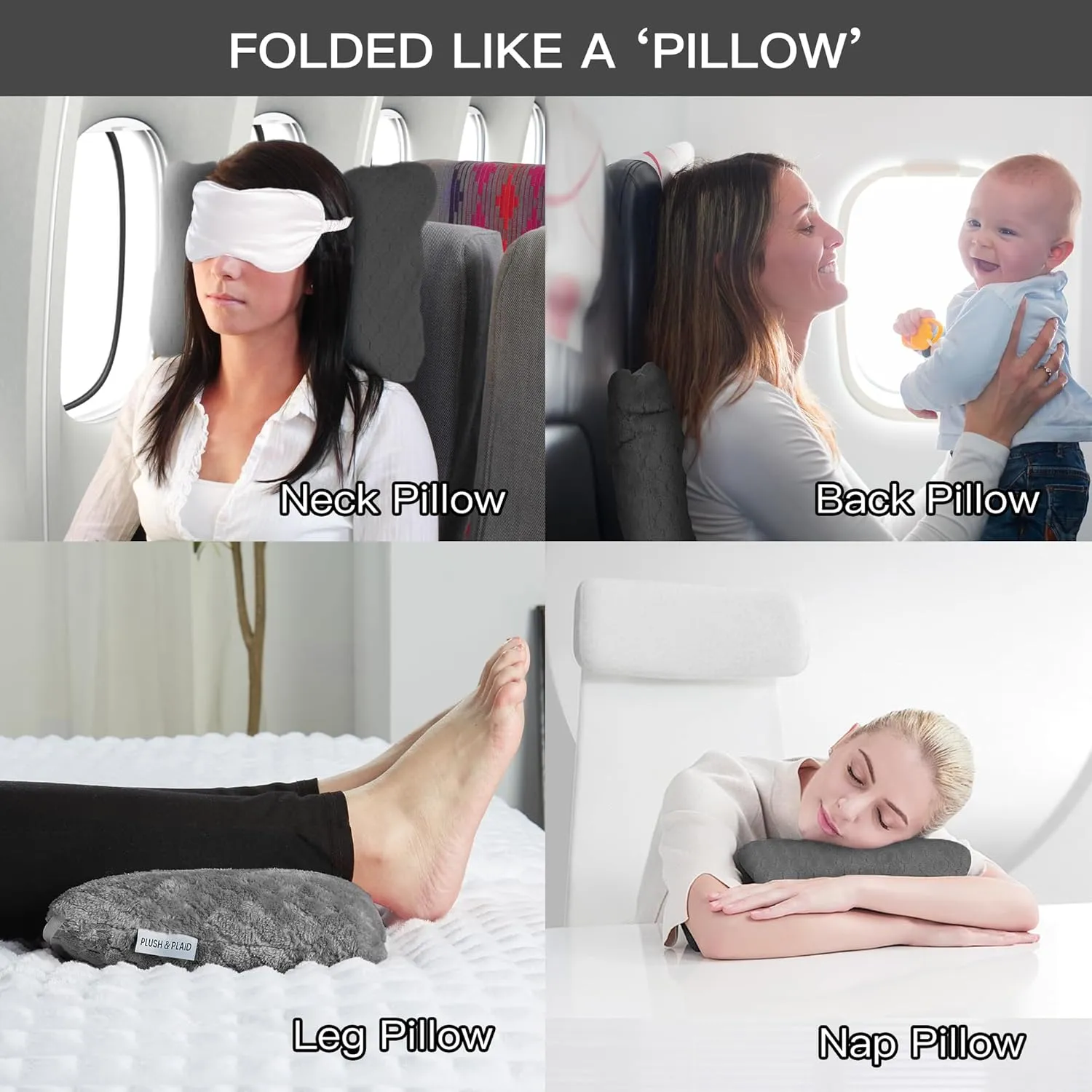 Plush & Plaid Travel Blanket Airplane Compact with Bag, Mid-Weight Soft Throw Blanket Pillow for Long/Short Flight, Portable Packable with Luggage Sleeve and Backpack Clip, 40x65, Gray