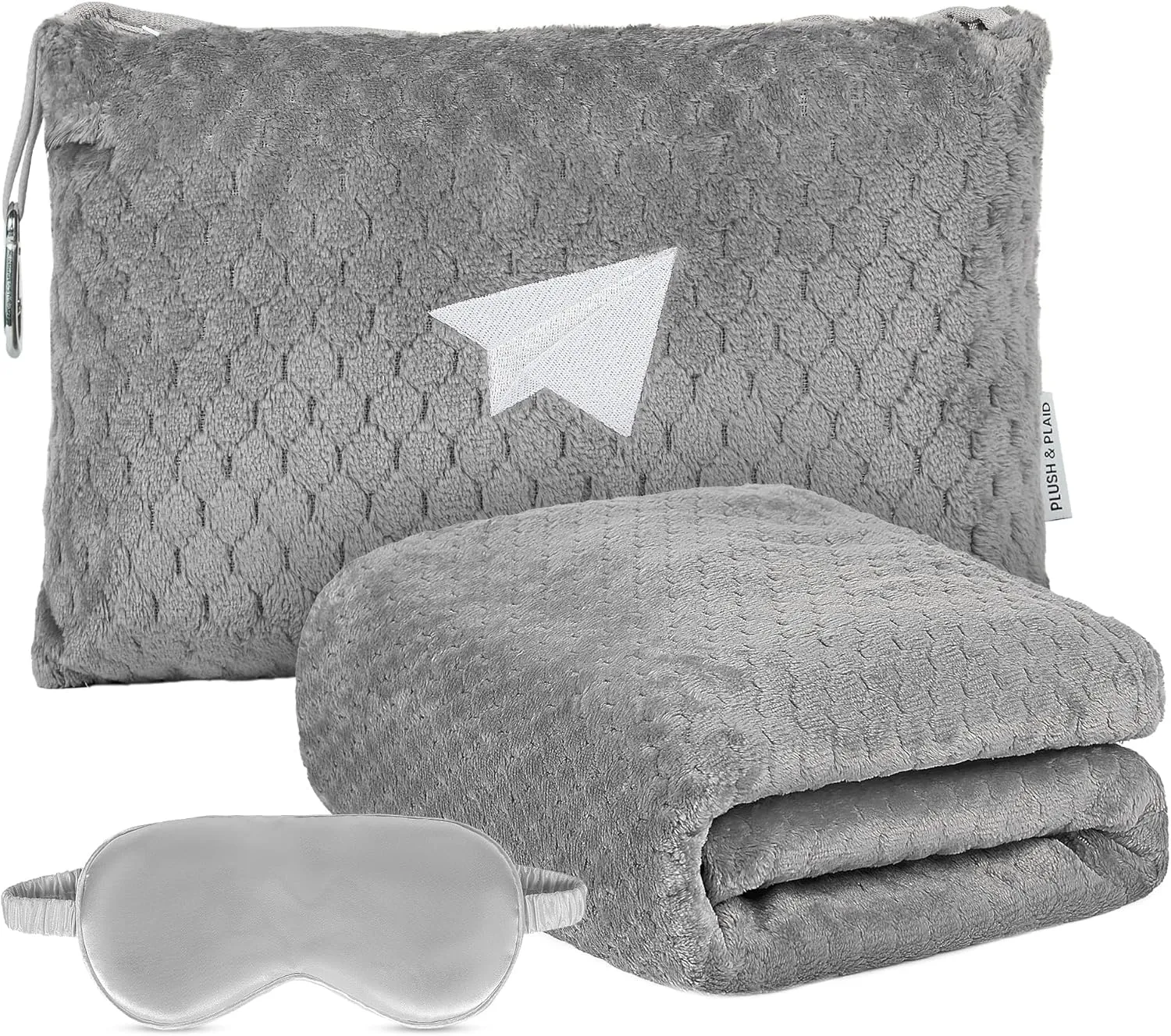 Plush & Plaid Travel Blanket Airplane Compact with Bag, Mid-Weight Soft Throw Blanket Pillow for Long/Short Flight, Portable Packable with Luggage Sleeve and Backpack Clip, 40x65, Gray