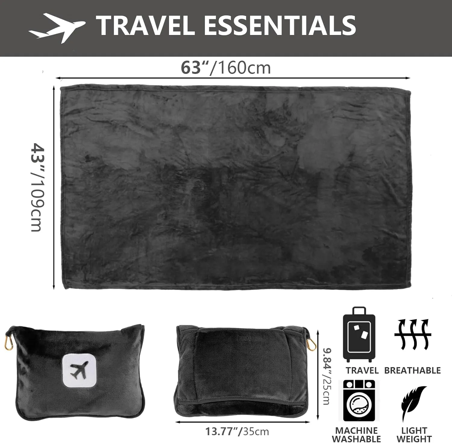 Portable Travel Blanket and Pillow - Premium Soft 2 in 1 Airplane Blanket with Compact Pack Soft Bag Pillowcase, Hand Luggage Sleeve and Backpack Clip (Gray)