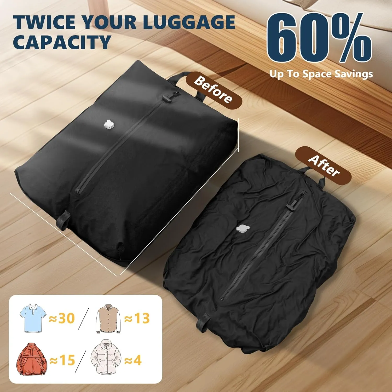 Professional Vacuum Bags for Travel with Wireless Vacuum Pump, Dobaly IP67 Reusable Vacuum Compression Bags for Suitcases and Backpack Space Saver Vacuum Bags Lightweight&Durable (2PC Pump)