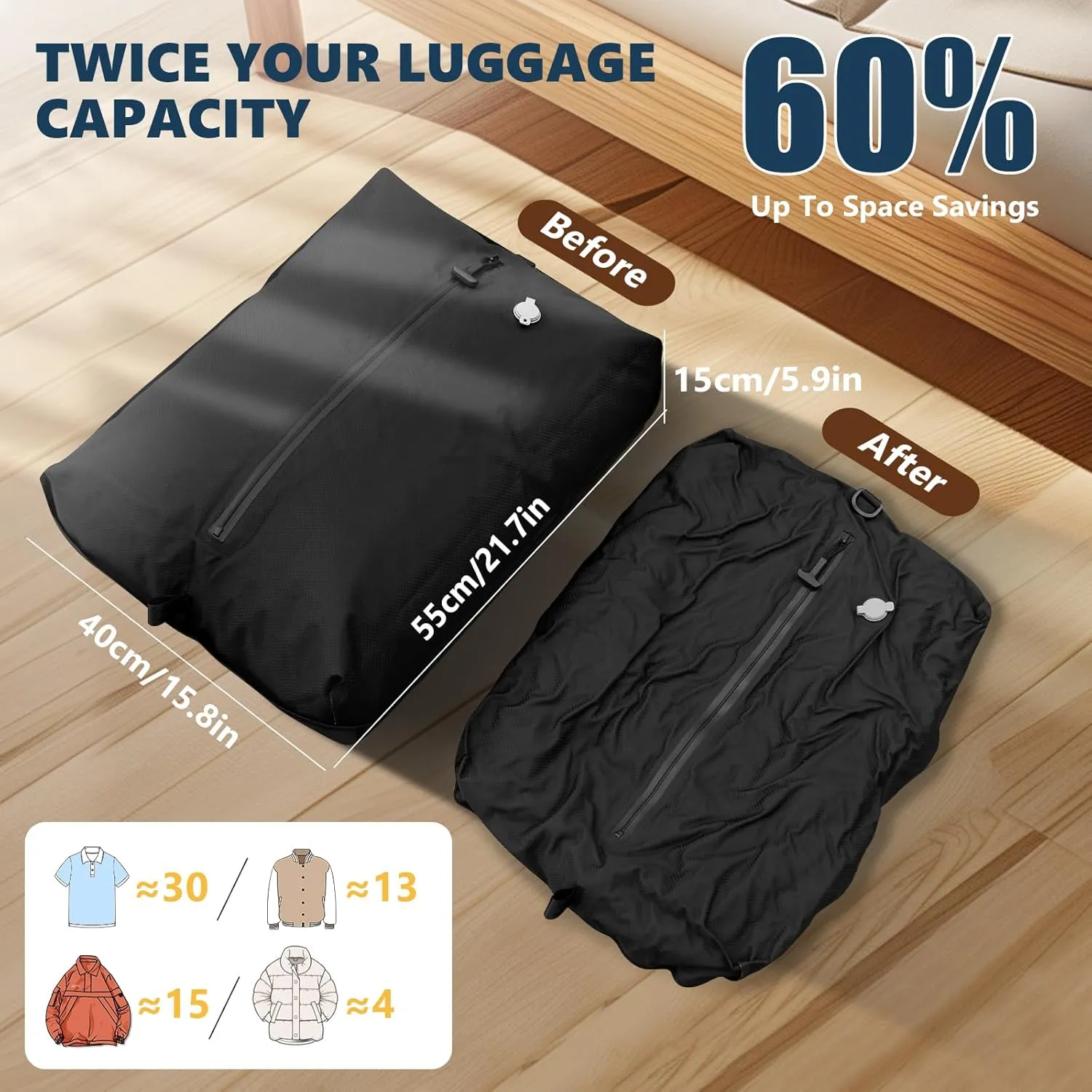 Professional Vacuum Bags for Travel with Wireless Vacuum Pump, IP67 Reusable Vacuum Compression Bags for Suitcases and Backpack Space Saver Vacuum Bags Lightweight&Durable (1PC Pump)