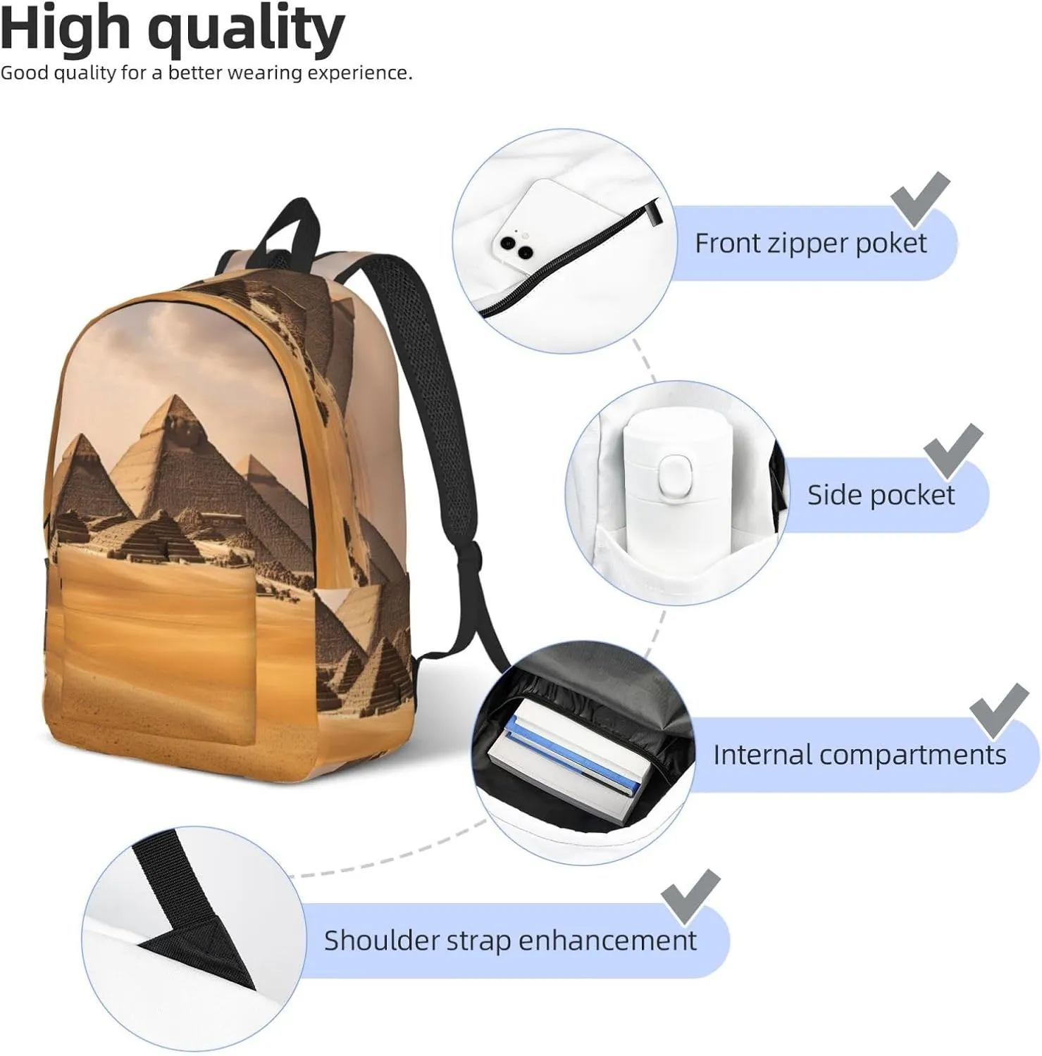 Pyramids of Egypt print Hiking Backpack Casual Daypack Outdoor Travel Backpacks Bookbag for Men Women Adult