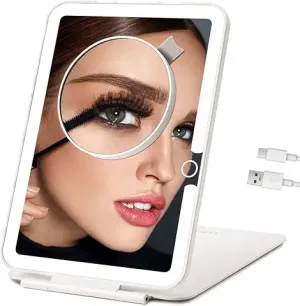 Rechargeable Travel Makeup Mirror with Lights, Portable Lighted Vanity Mirror with 10X Magnification, 70 Leds 3 Color Lights, Touch Tabletop Folding Compact Cosmetic Mirror White