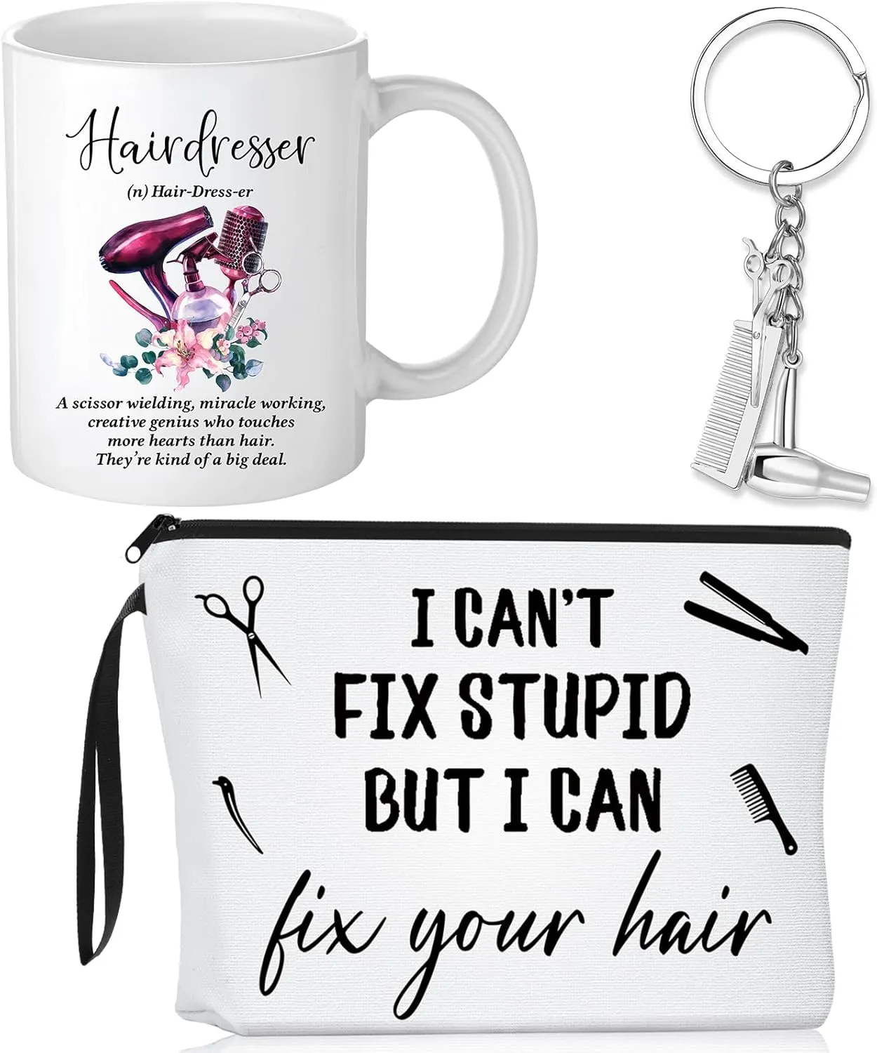 Reginary 3 Pcs Hairdresser Gifts Bulk for Women Men Hair Stylist Gifts Hair Dresser Makeup Bag Mug Keychain for Thank You Coworker