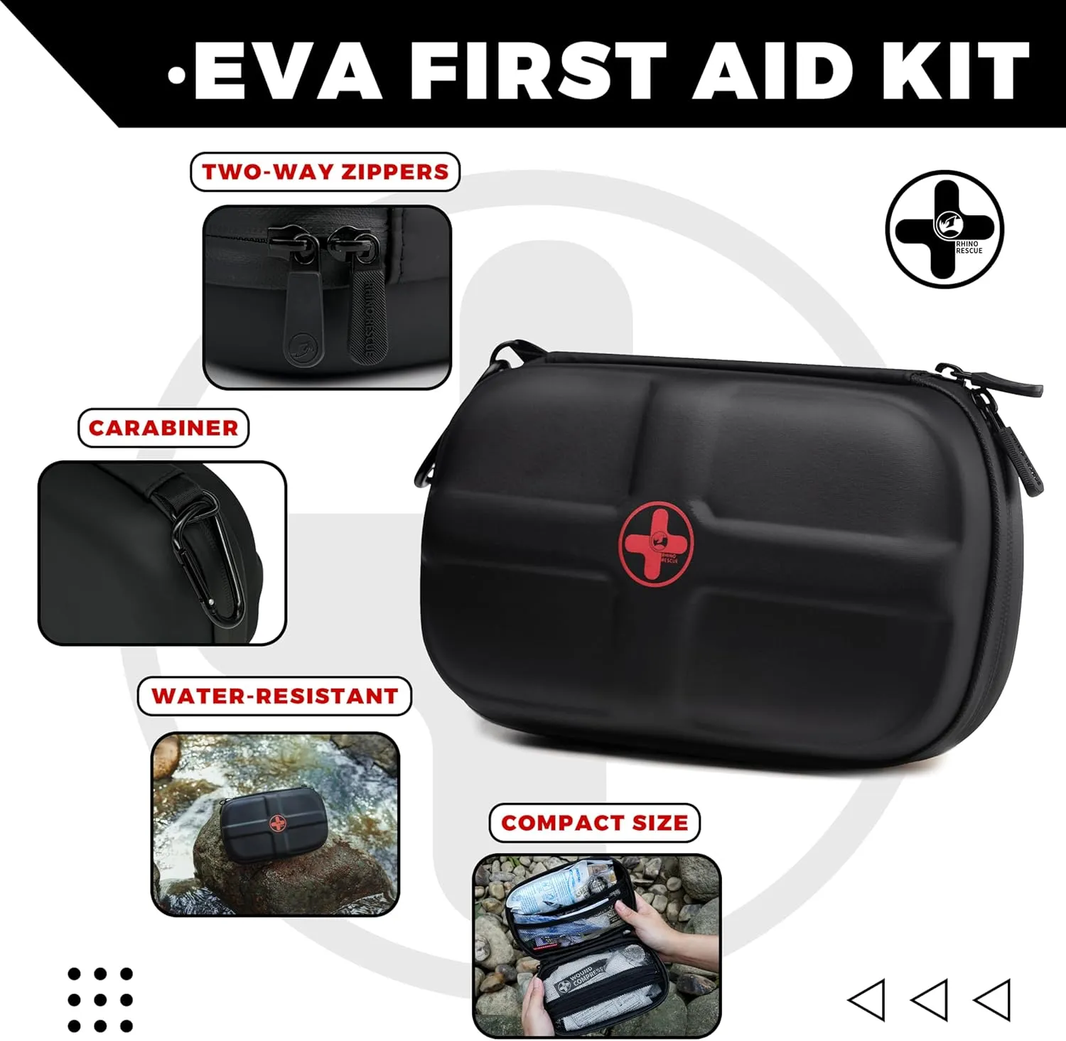 RHINO RESCUE EVA First Aid Kit, HSA/FSA Eligible, Small Waterproof Portable Emergency Hiking First Aid Kit for Backpackingg, Medical Kit for Travel, Home, Car, College Dorm, Camping, Boat (Black)