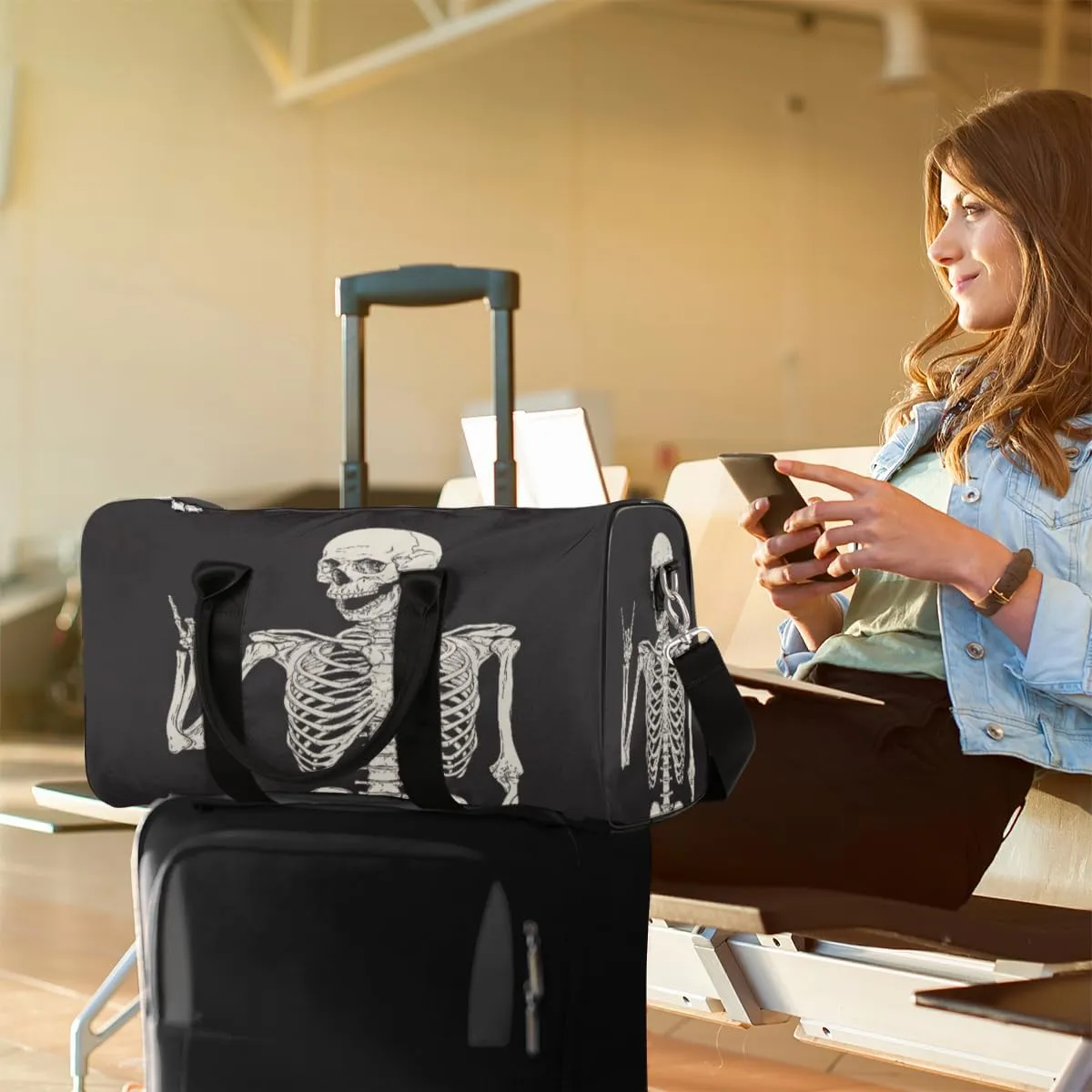 Rock Skull Travel Duffle Bag for Women Man, Lightweight Waterproof Foldable Overnight Bag, Gym Bag Sports Bag, Carry on Shoulder Tote Bags for Dance Hospital Training Swim Yoga