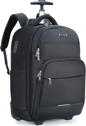 Rolling Backpack, 30L Travel Laptop Backpack with Wheels, 15.6 Inch Roller Carry on Luggage with USB Charging Port, Flight Approved Personal Item Wheeled Suitcase for Men Women Adults, Black