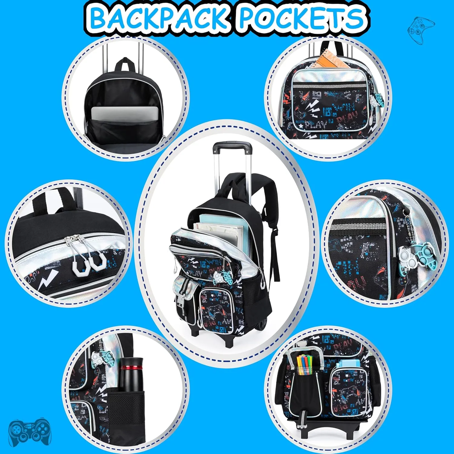 Rolling Backpack for Boys 6-8 with Wheels Kids Backpack Boys with Lunch Bag Pencil Case Backpack for School Elementary Kindergarten Large Capacity School Bag