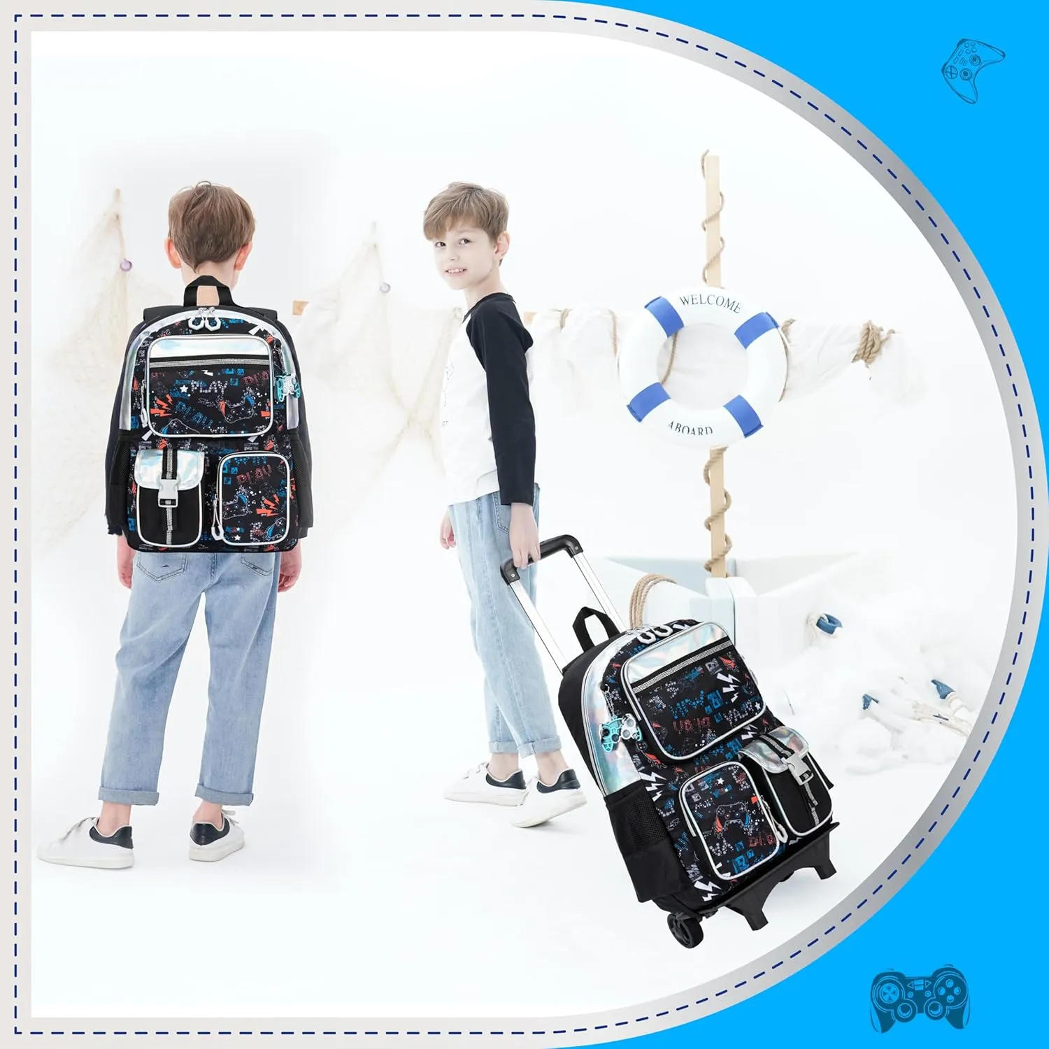 Rolling Backpack for Boys 6-8 with Wheels Kids Backpack Boys with Lunch Bag Pencil Case Backpack for School Elementary Kindergarten Large Capacity School Bag