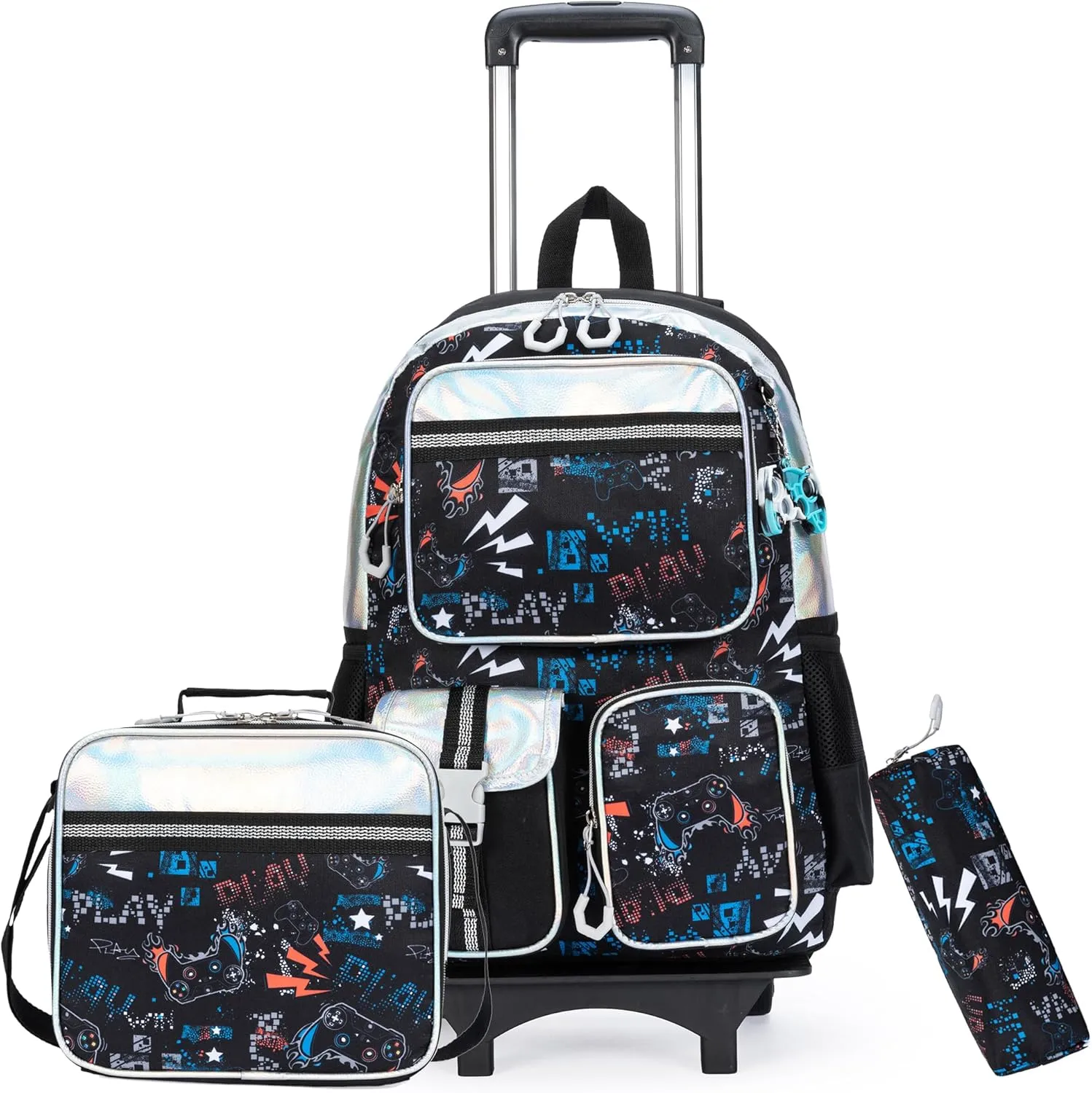 Rolling Backpack for Boys 6-8 with Wheels Kids Backpack Boys with Lunch Bag Pencil Case Backpack for School Elementary Kindergarten Large Capacity School Bag